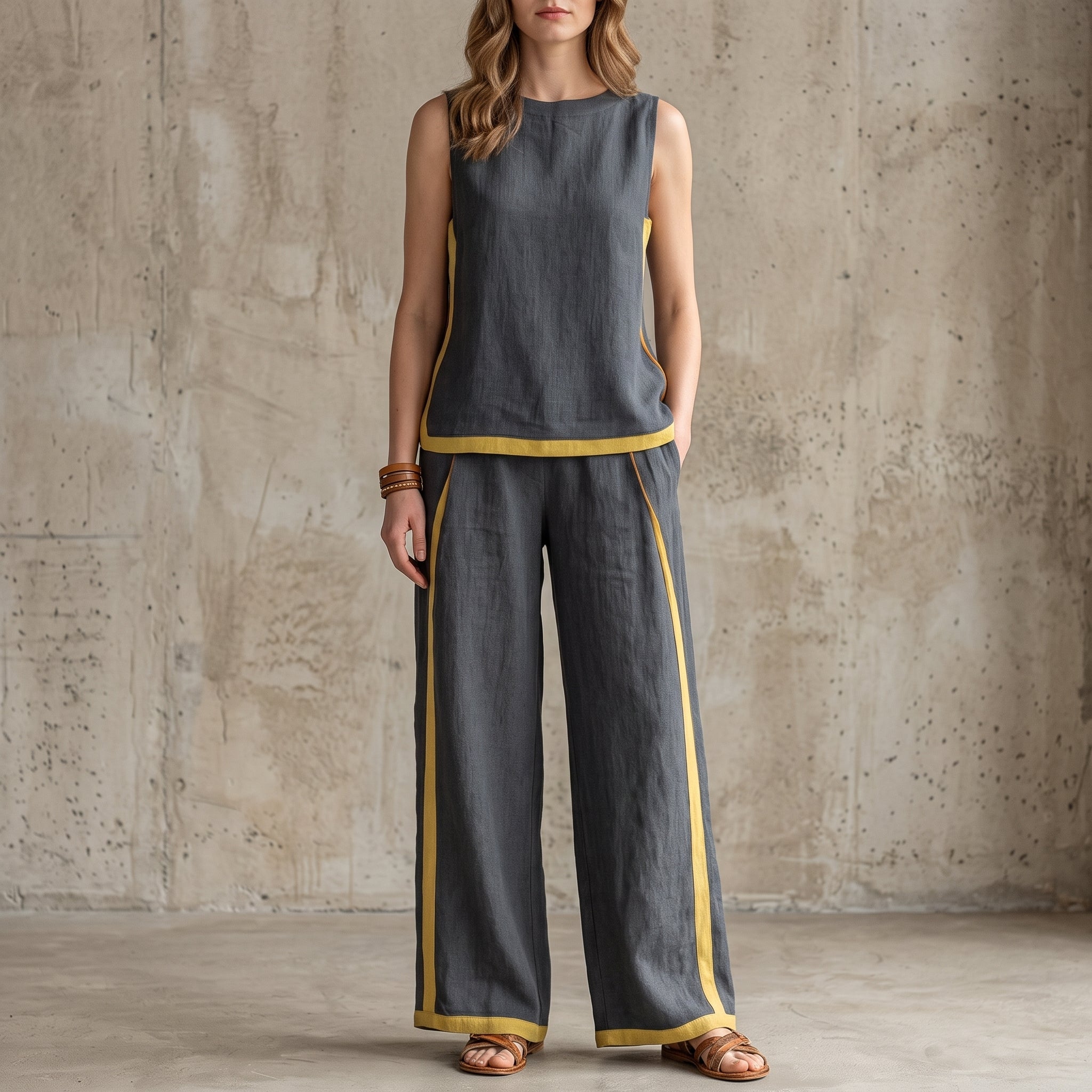 Phoebe - Women's Sleeveless Contrast Trim Wide-Leg Co-ord Set - 2 Piece Set - Grey - Davies & Cooper