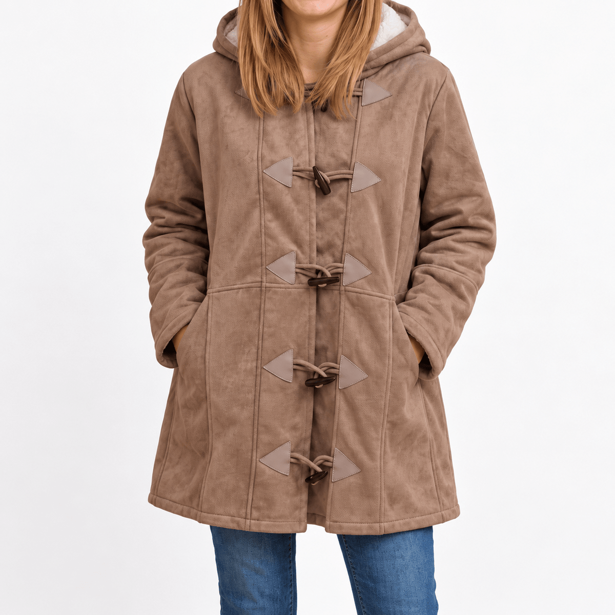 Poppy - Women's Hooded Duffle Coat with Toggle Buttons and Faux Shearling Trim - Coats & Jackets - Brown - Davies & Cooper