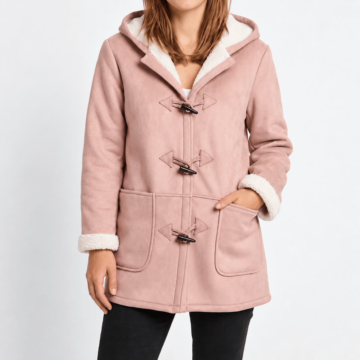 Poppy - Women's Hooded Duffle Coat with Toggle Buttons and Faux Shearling Trim - Coats & Jackets - Pink - Davies & Cooper