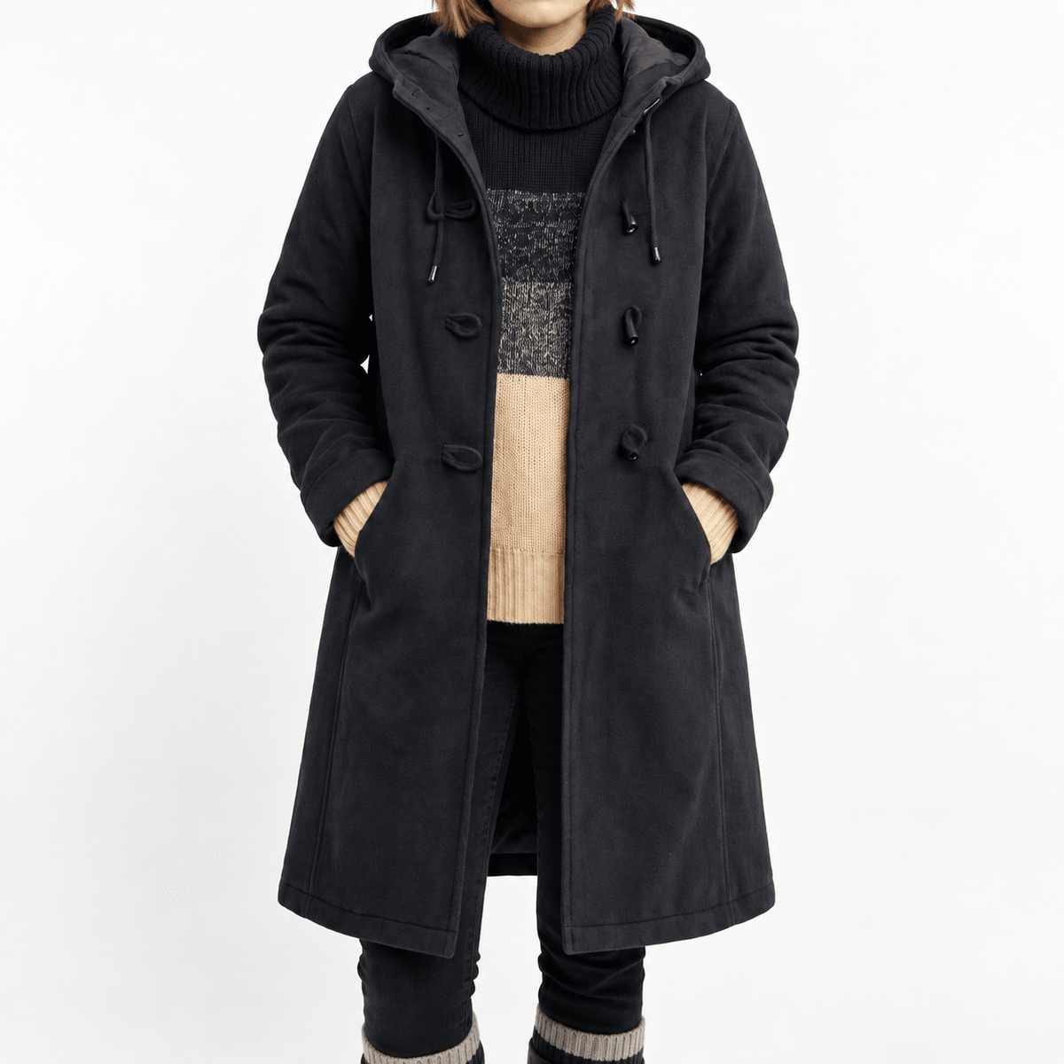 Poppy - Women's Hooded Duffle Coat with Toggle Buttons and Faux Shearling Trim - Coats & Jackets - Navy - Davies & Cooper