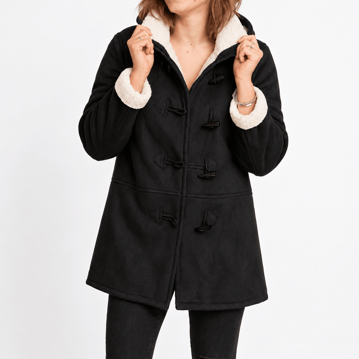 Poppy - Women's Hooded Duffle Coat with Toggle Buttons and Faux Shearling Trim - Coats & Jackets - Black - Davies & Cooper
