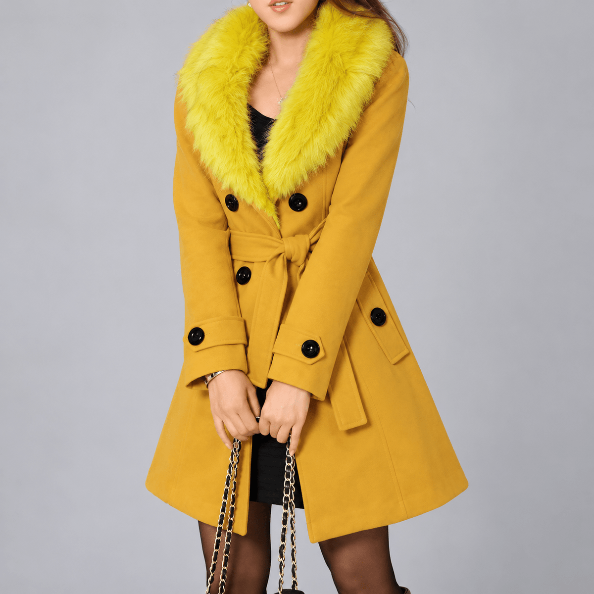 Rachel - Women's Double-Breasted Overcoat with Faux Fur Collar - Overcoats - Yellow - Davies & Cooper