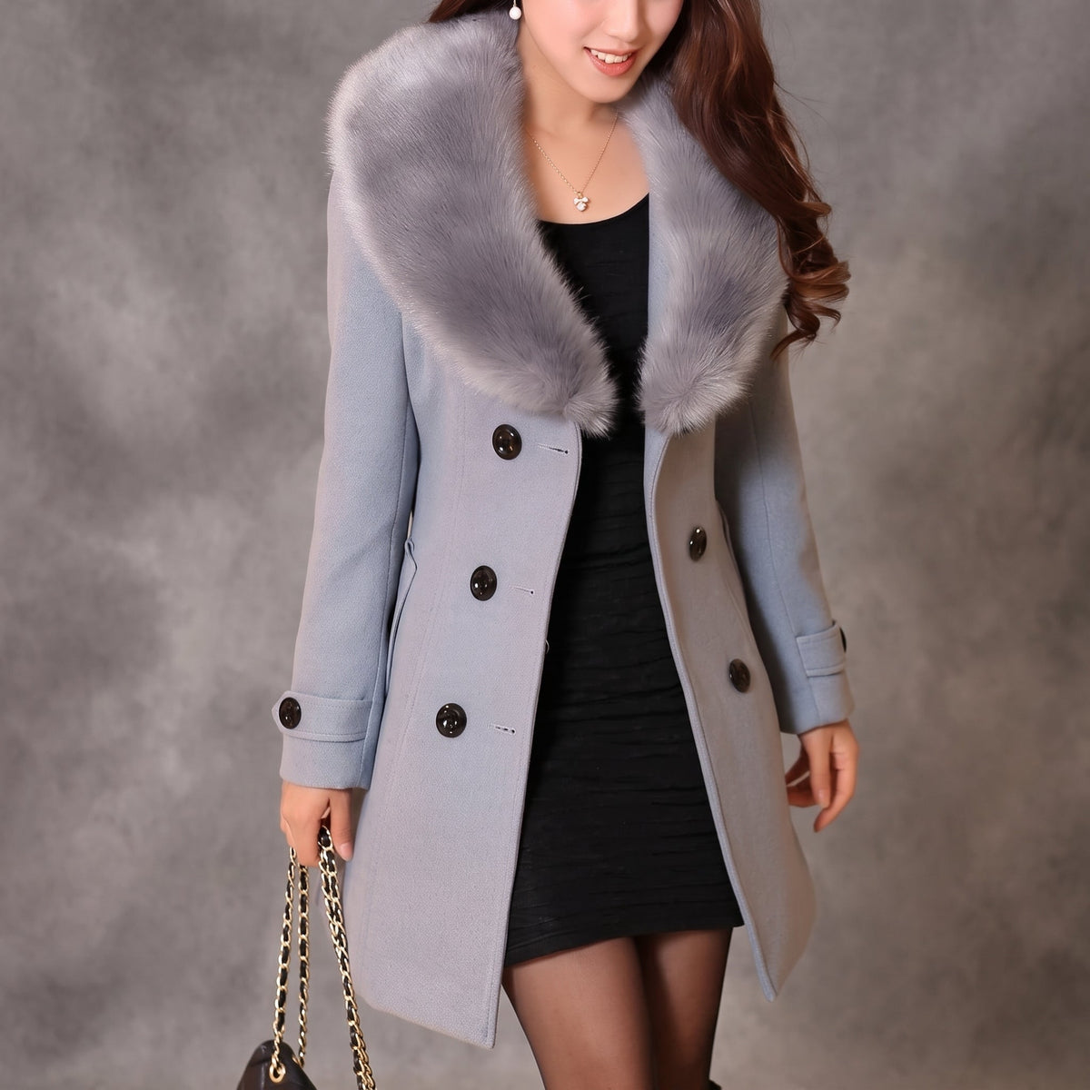 Rachel - Women's Double-Breasted Overcoat with Faux Fur Collar - Overcoats - Grey - Davies & Cooper