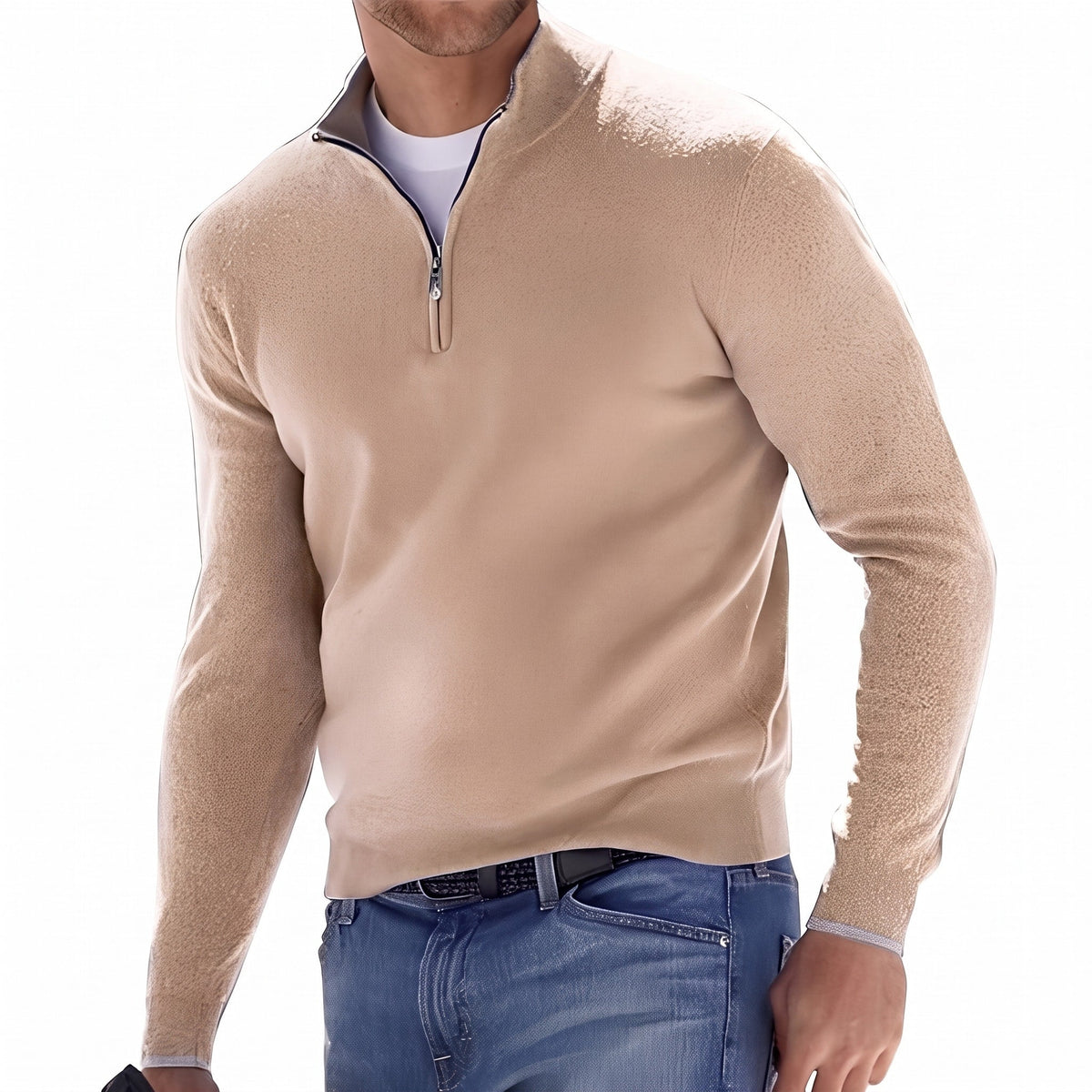 Ralph - Men's Quarter-Zip Knit Jumper with Stand Collar - Sweaters - Khaki - Davies & Cooper