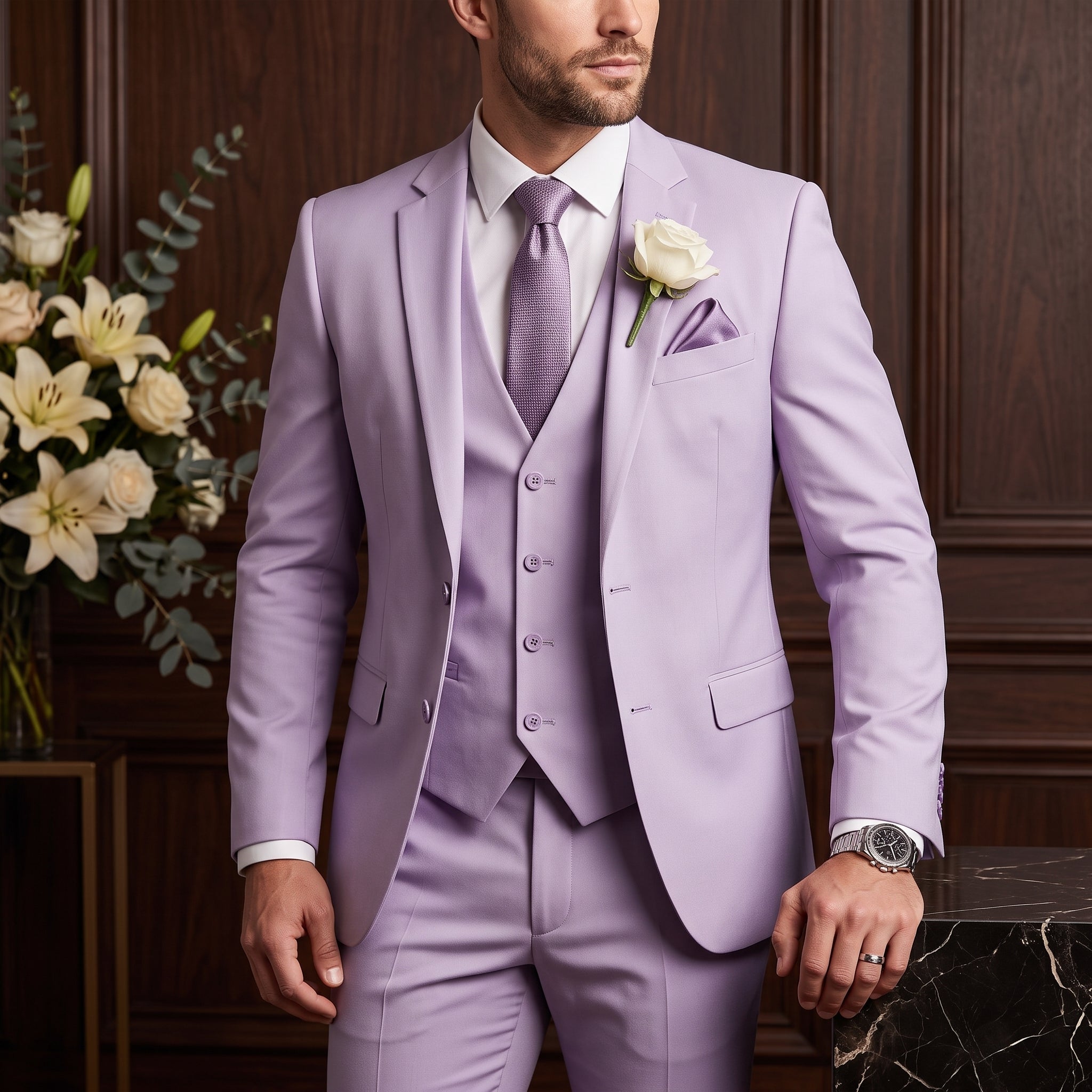 Reinhard – Men's Relax Fit Notch Lapel Wedding Suit with Waistcoat - Suits - Purple - Davies & Cooper