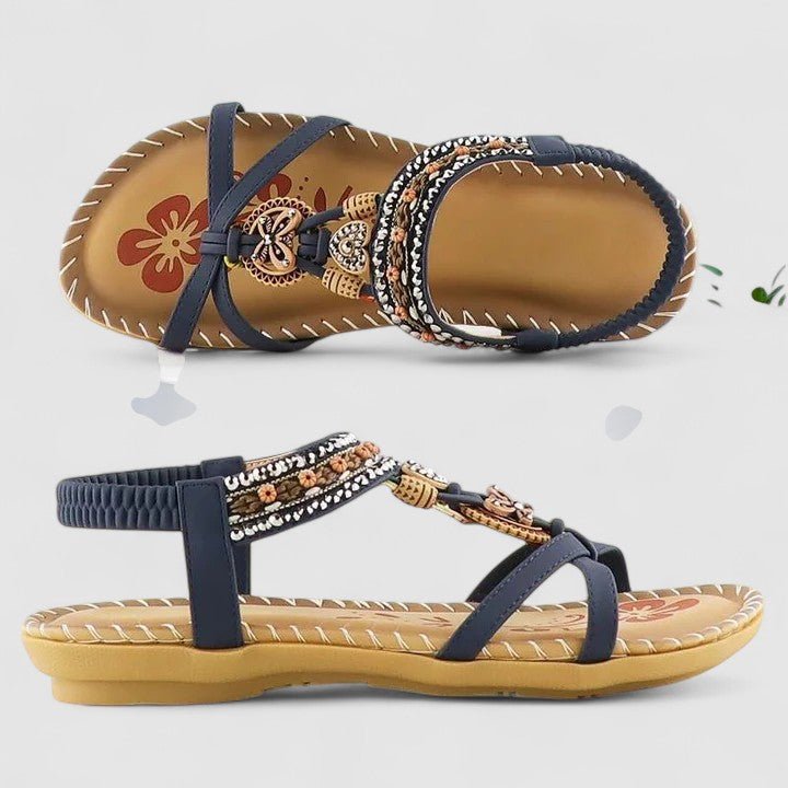 Freya - Women's Bohemian Beaded Flat Sandals with Elastic Ankle Strap