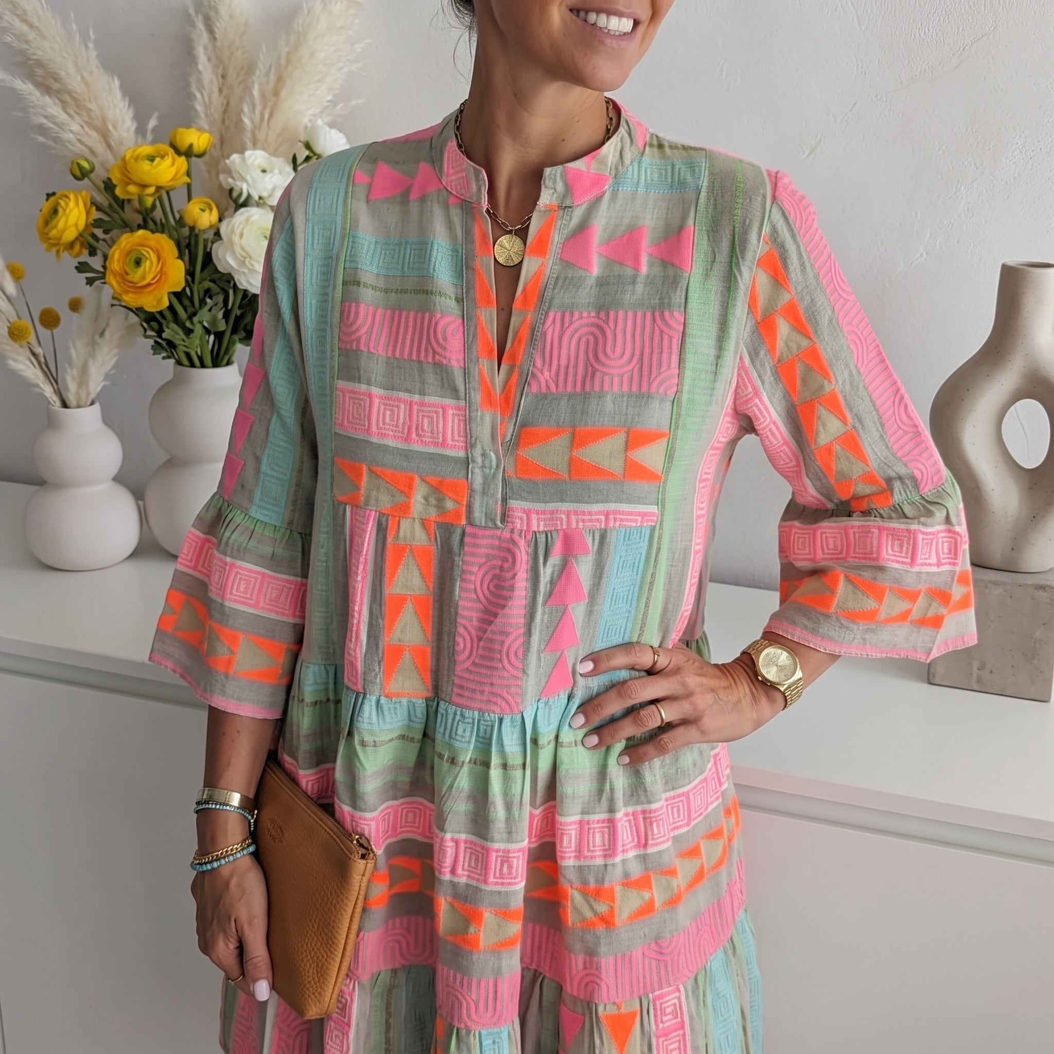 Rosa - Women's Summer Boho Tiered Bell Sleeve Mini Dress - Midi Dress - Pink - Davies & Cooper