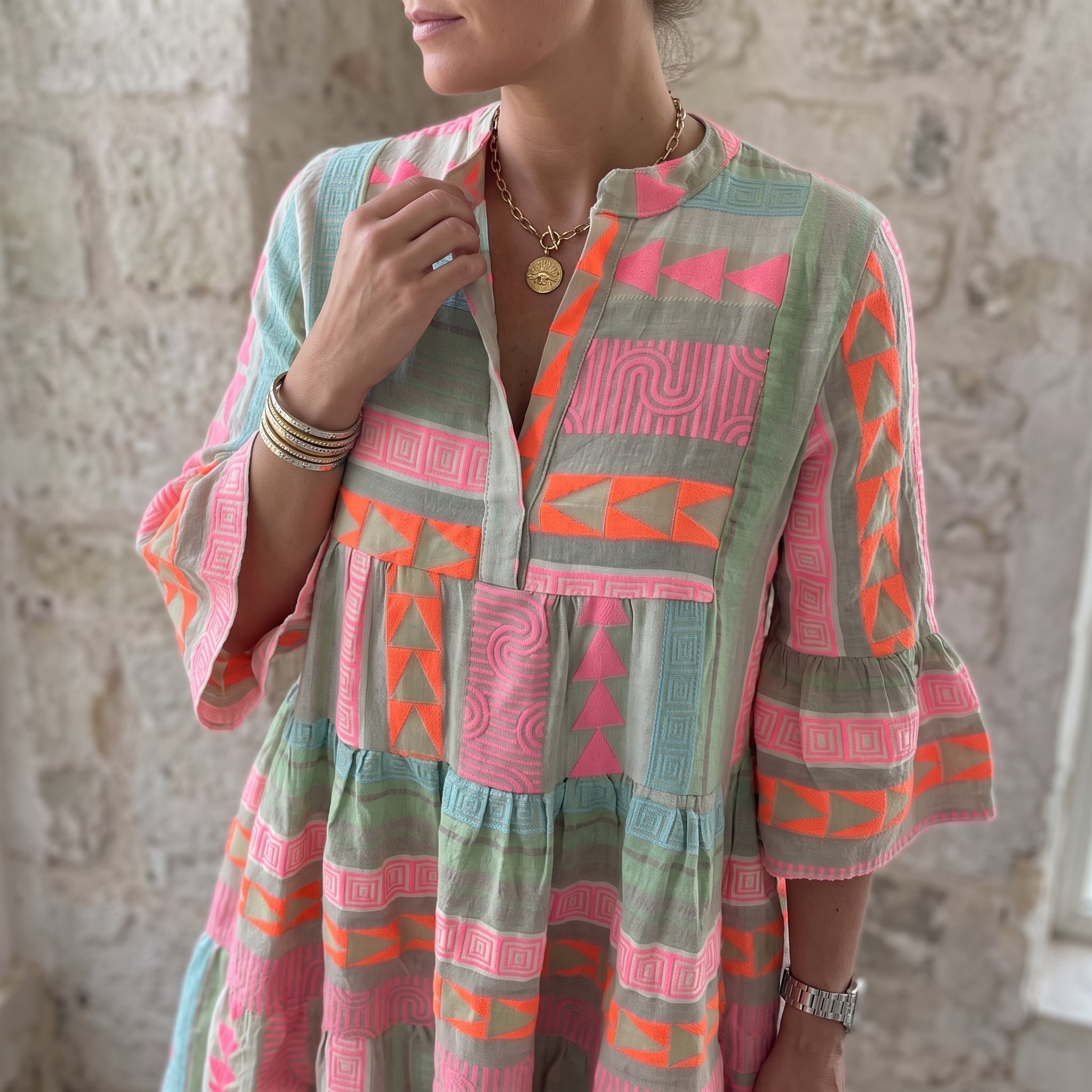 Rosa - Women's Summer Boho Tiered Bell Sleeve Mini Dress - Midi Dress - Pink - Davies & Cooper