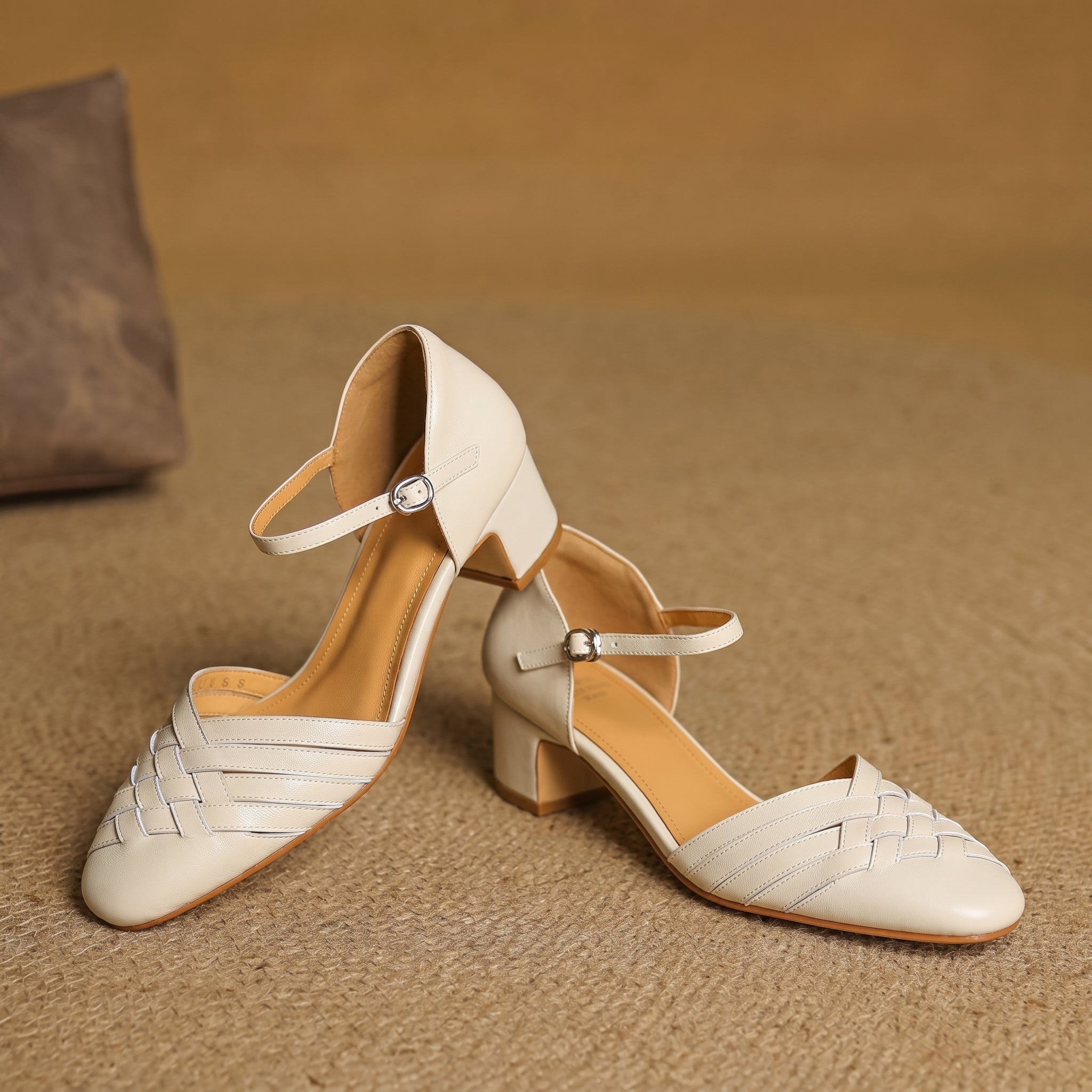 Rosa - Women's Woven Pumps with Buckle Ankle Strap - Heels - Beige - Davies & Cooper