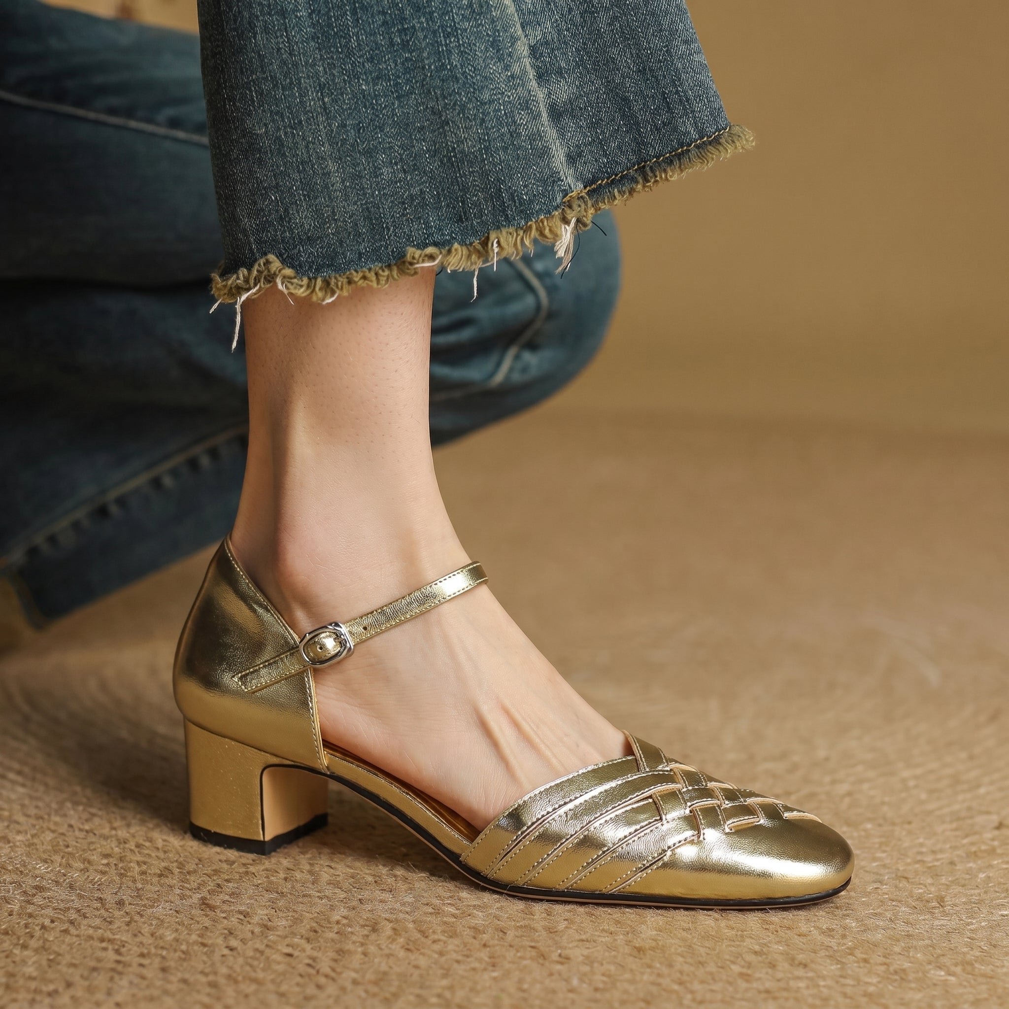 Rosa - Women's Woven Pumps with Buckle Ankle Strap - Heels - Gold - Davies & Cooper