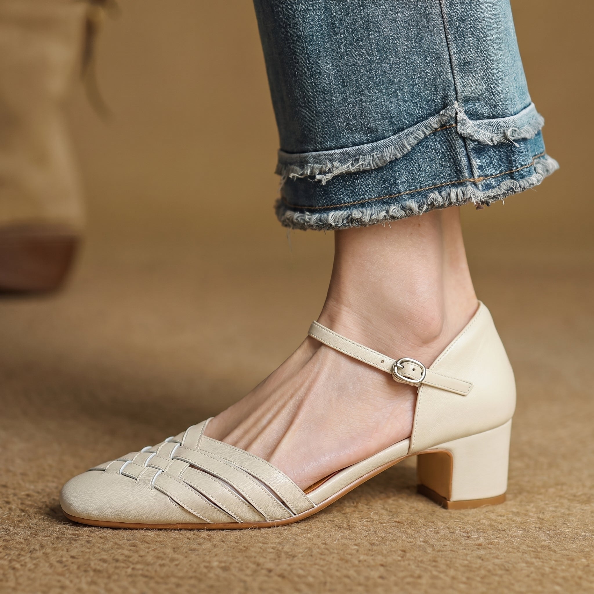 Rosa - Women's Woven Pumps with Buckle Ankle Strap - Heels - Beige - Davies & Cooper