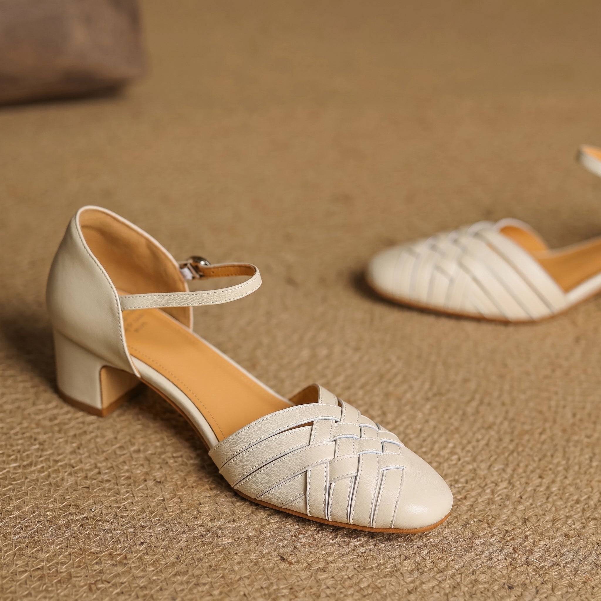 Rosa - Women's Woven Pumps with Buckle Ankle Strap - Heels - Beige - Davies & Cooper