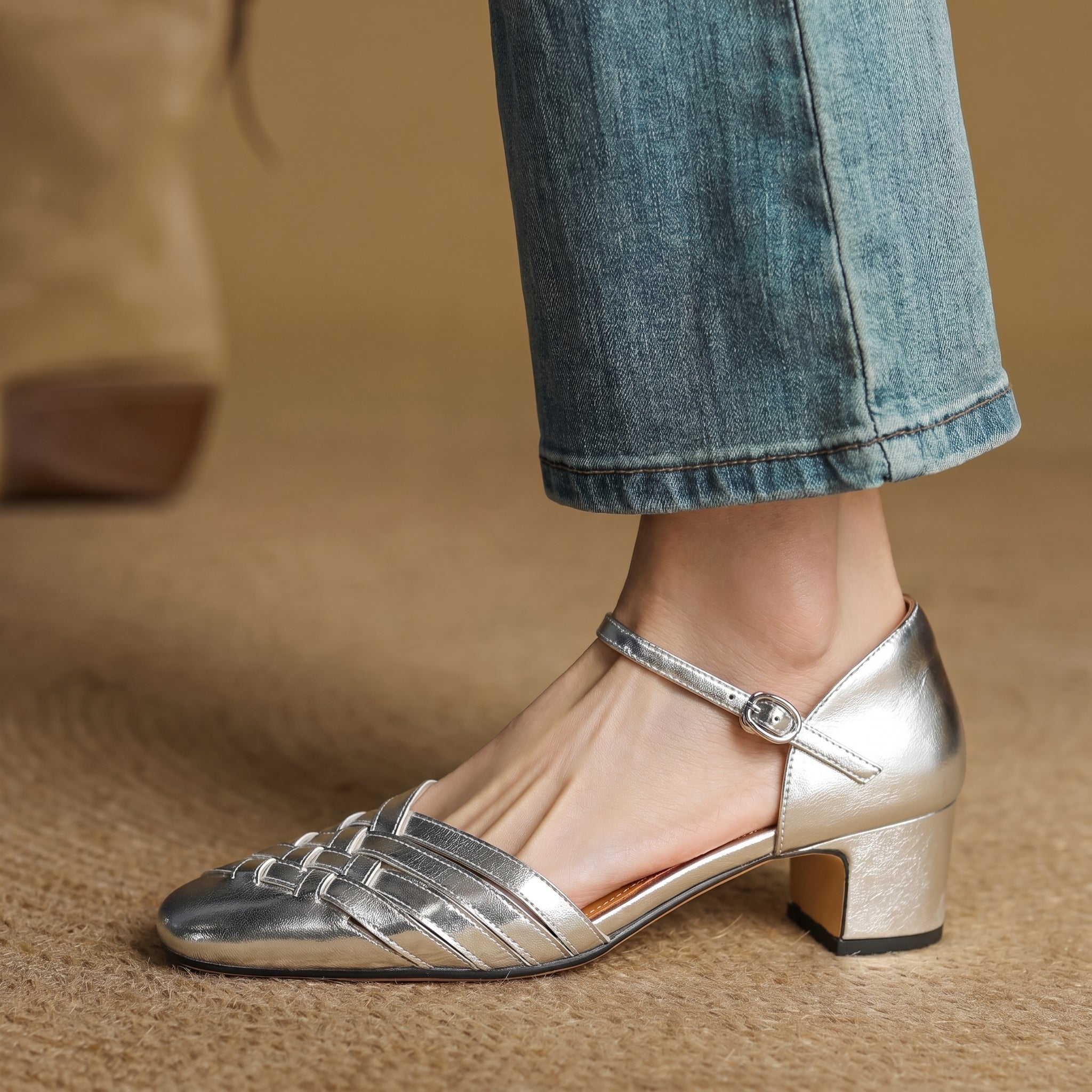 Rosa - Women's Woven Pumps with Buckle Ankle Strap - Heels - Silver - Davies & Cooper
