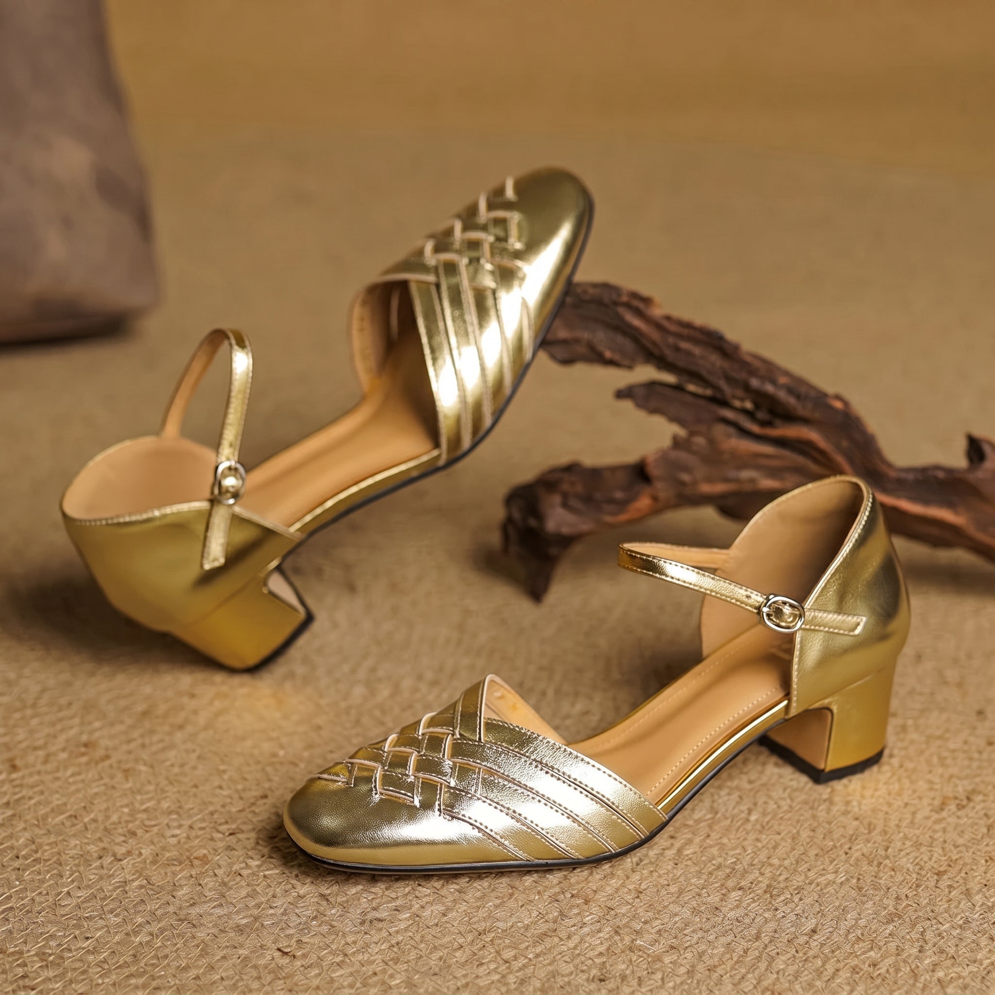 Rosa - Women's Woven Pumps with Buckle Ankle Strap - Heels - Gold - Davies & Cooper