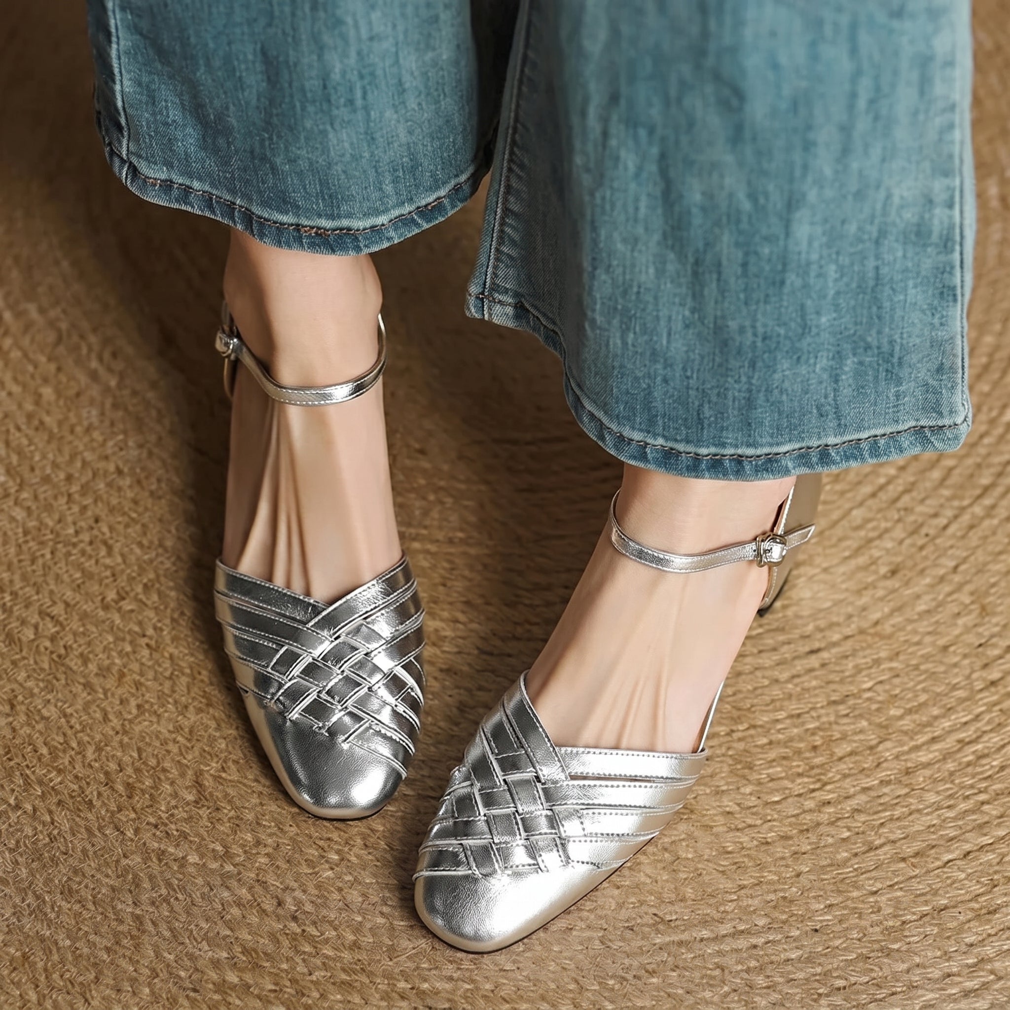 Rosa - Women's Woven Pumps with Buckle Ankle Strap - Heels - Silver - Davies & Cooper