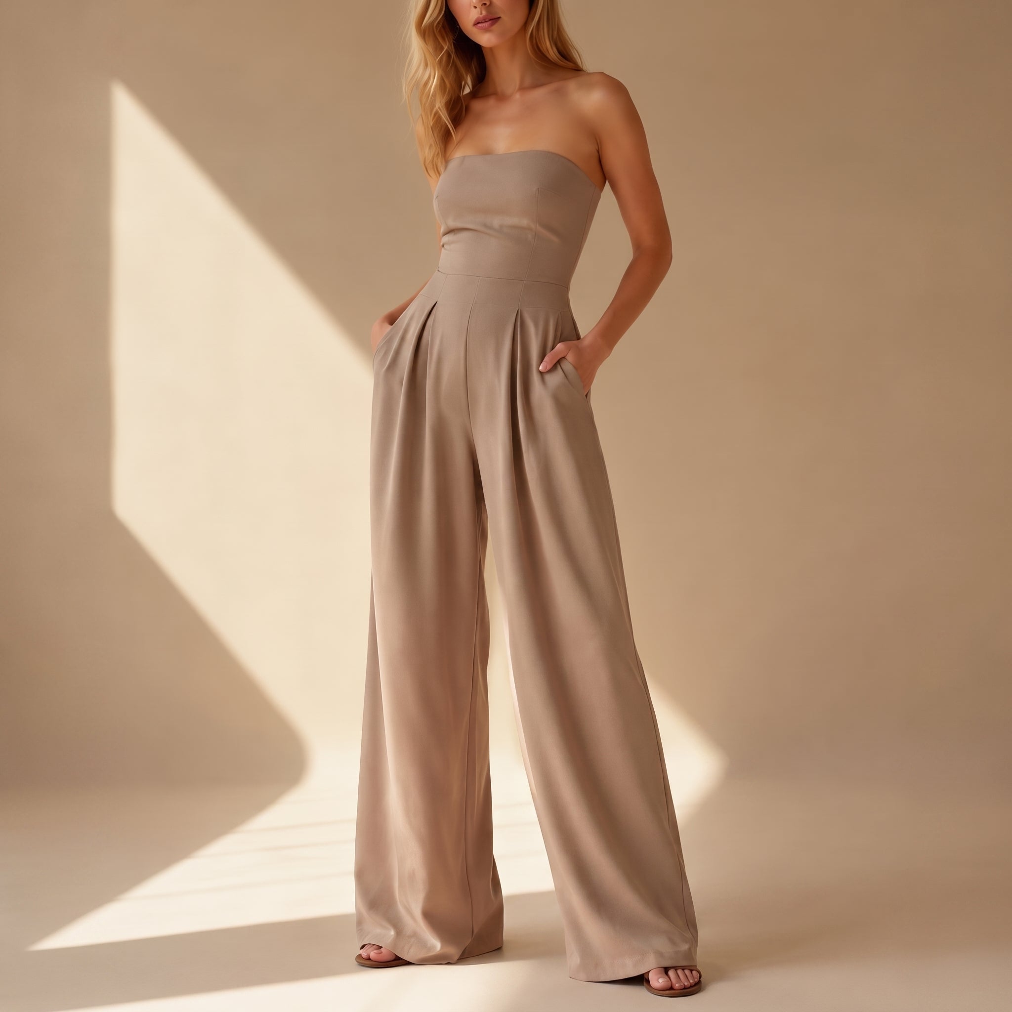 Rosie - Women's Bandeau Fitted Bodice Evening Jumpsuit - One-Pieces - Beige - Davies & Cooper