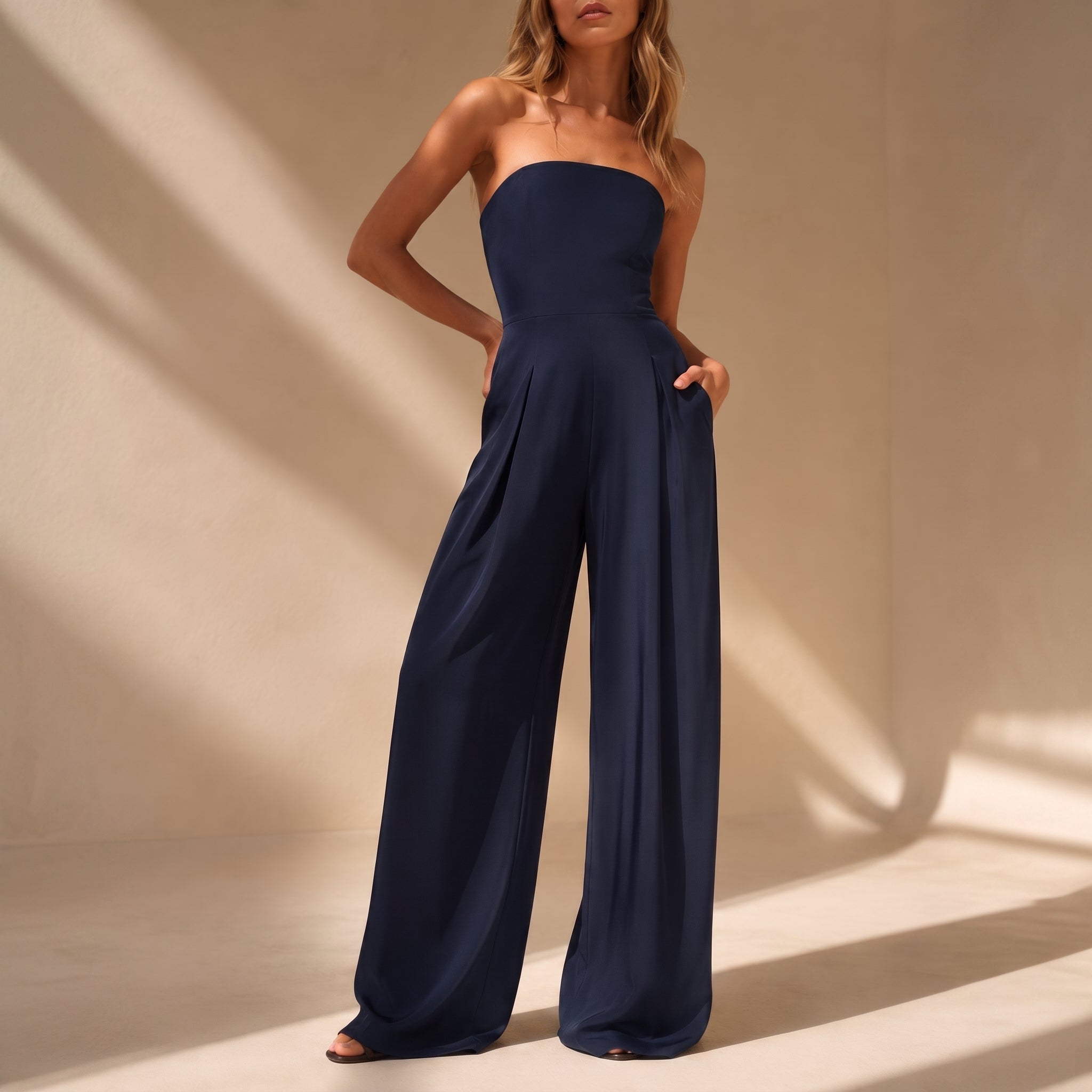 Rosie - Women's Bandeau Fitted Bodice Evening Jumpsuit - One-Pieces - Navy Blue - Davies & Cooper