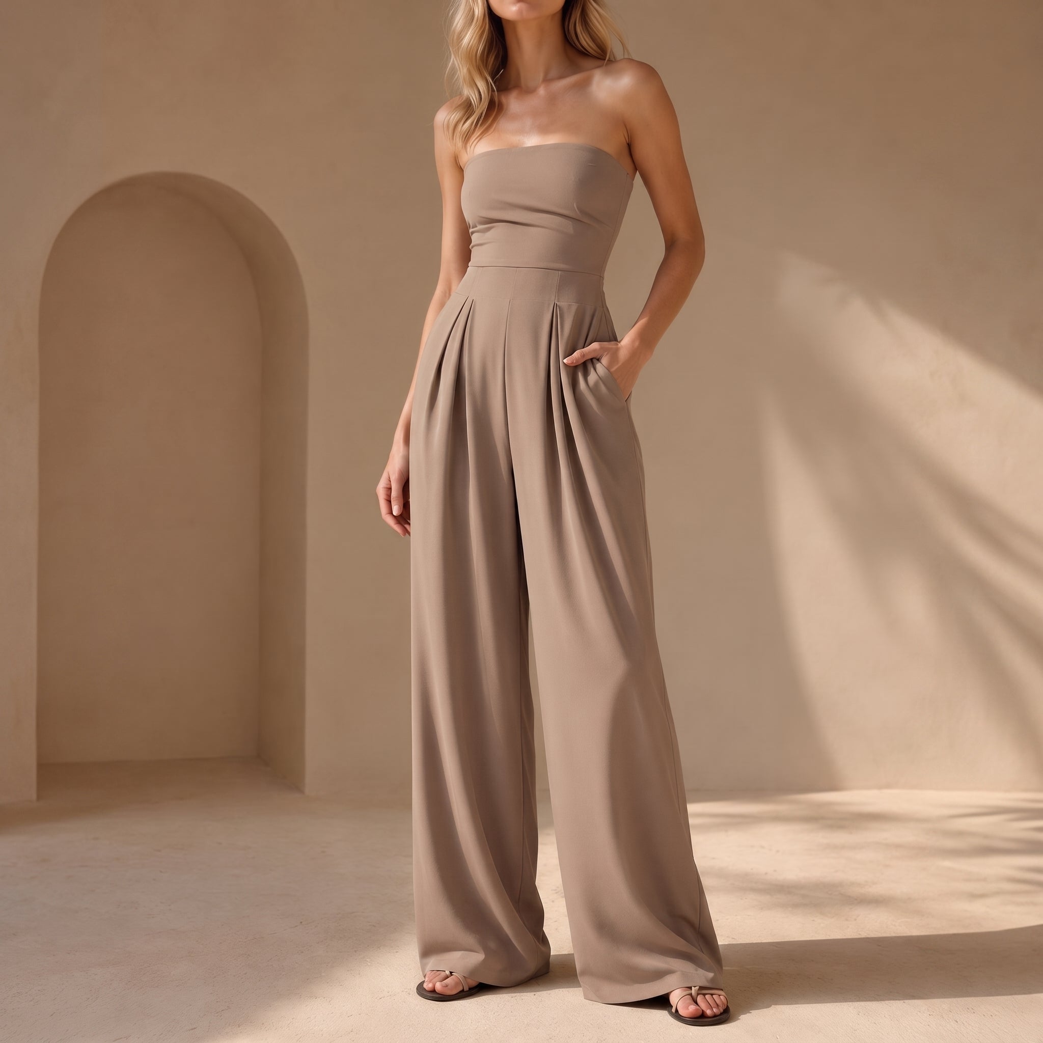 Rosie - Women's Bandeau Fitted Bodice Evening Jumpsuit - One-Pieces - Beige - Davies & Cooper