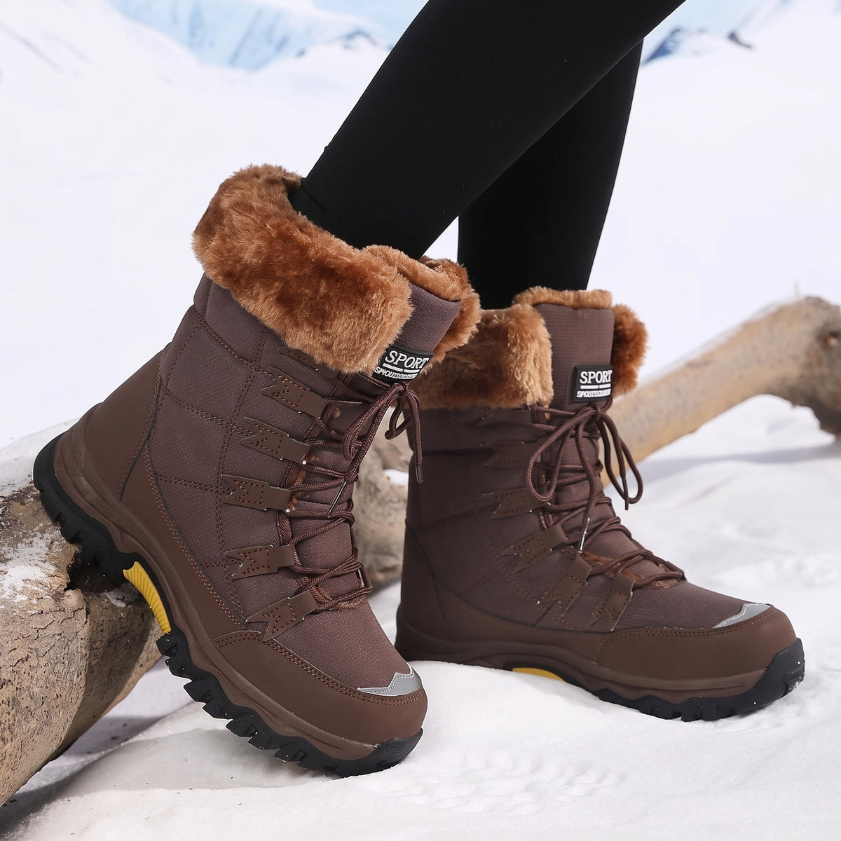 Rowan - Women's Faux Fur Trim Lace-Up Snow Boots with Chunky Sole - Boots - Brown - Davies & Cooper