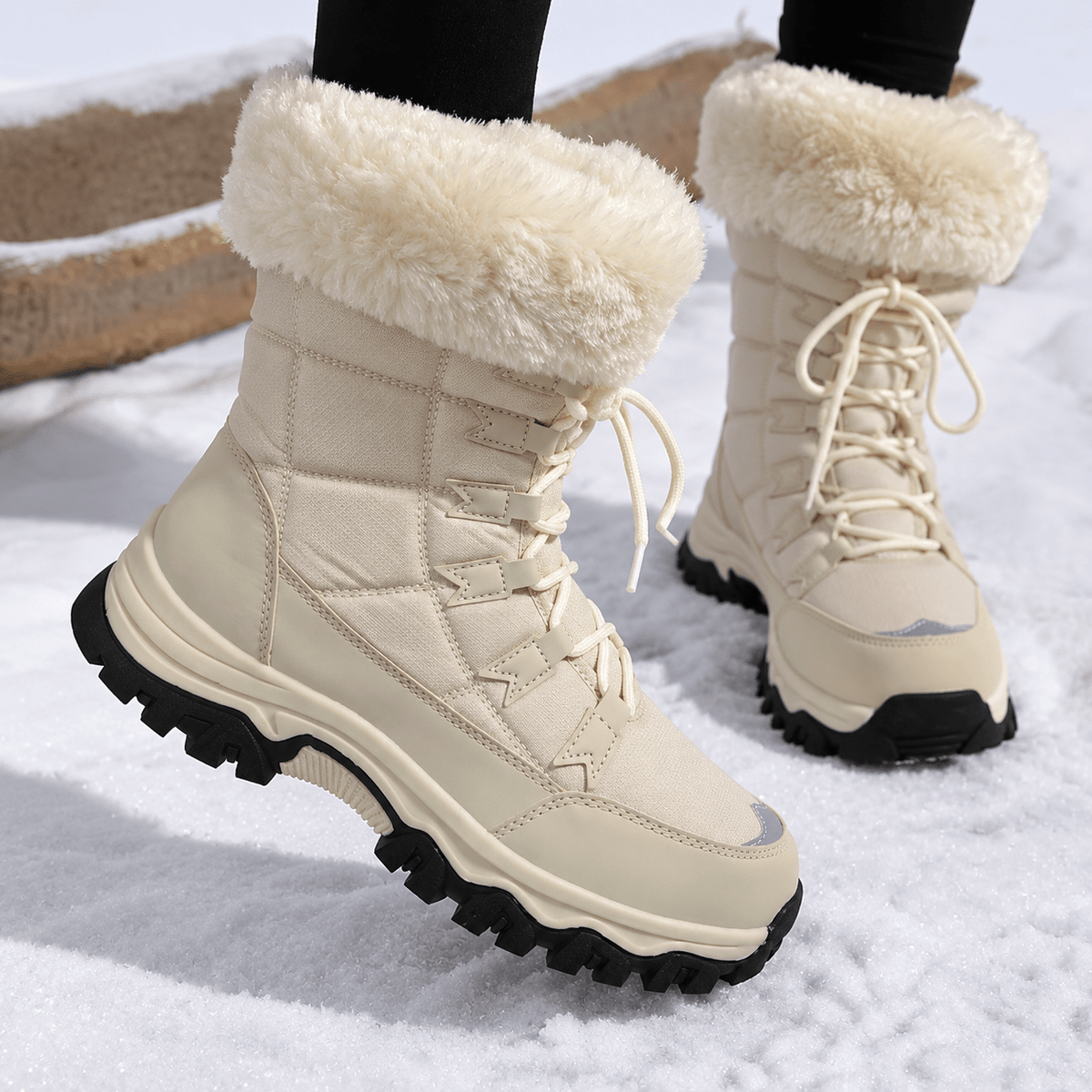Rowan - Women's Faux Fur Trim Lace-Up Snow Boots with Chunky Sole - Boots - Beige - Davies & Cooper
