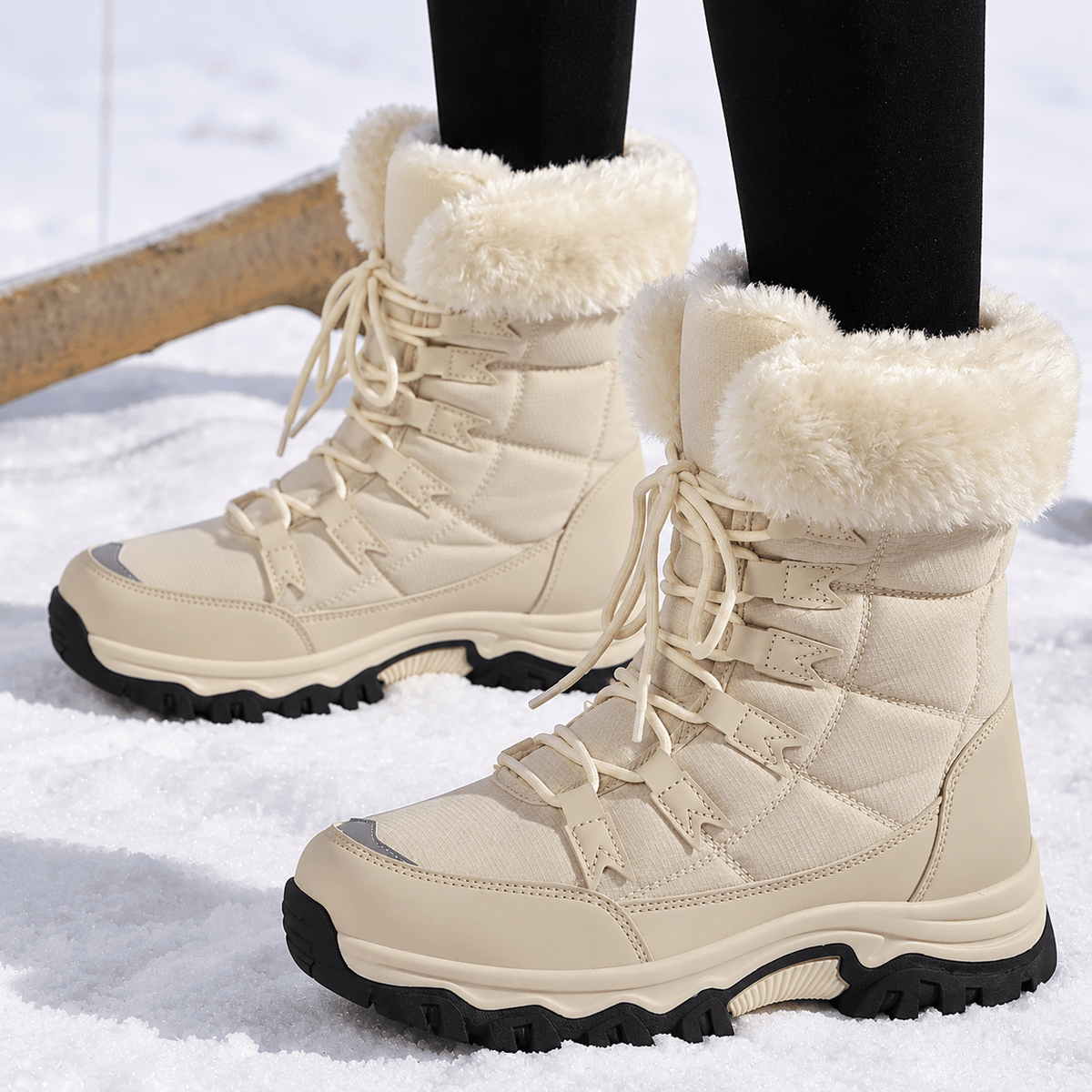 Rowan - Women's Faux Fur Trim Lace-Up Snow Boots with Chunky Sole - Boots - Beige - Davies & Cooper
