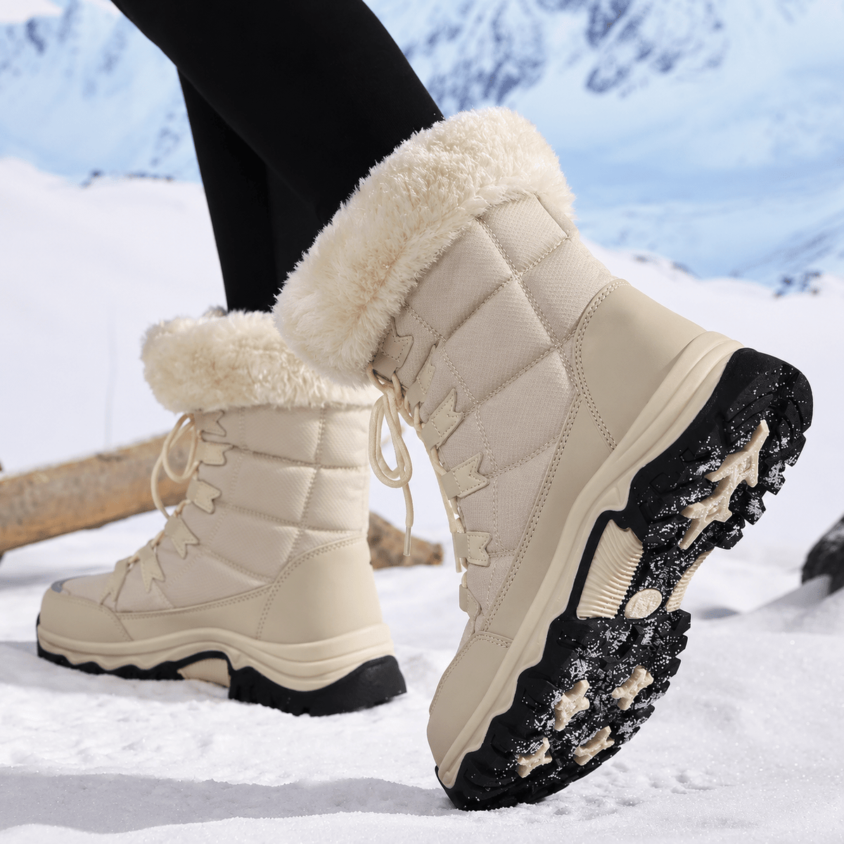 Rowan - Women's Faux Fur Trim Lace-Up Snow Boots with Chunky Sole - Boots - Beige - Davies & Cooper
