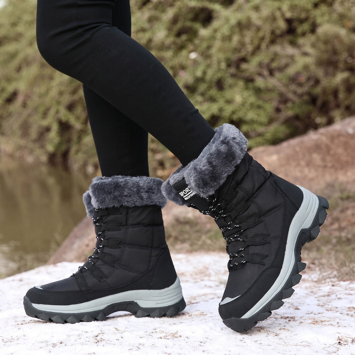 Rowan - Women's Faux Fur Trim Lace-Up Snow Boots with Chunky Sole - Boots - Black - Davies & Cooper