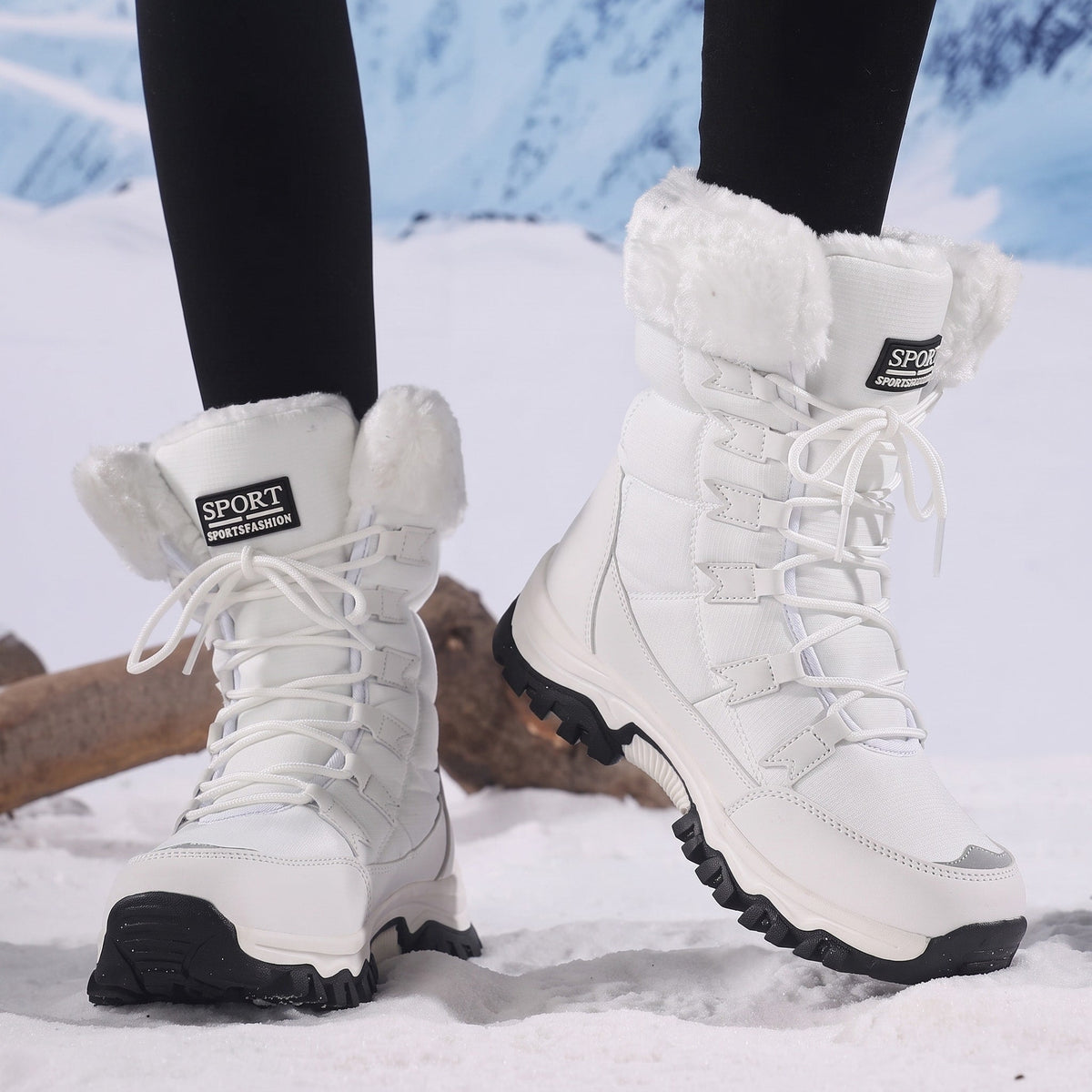 Rowan - Women's Faux Fur Trim Lace-Up Snow Boots with Chunky Sole - Boots - White - Davies & Cooper