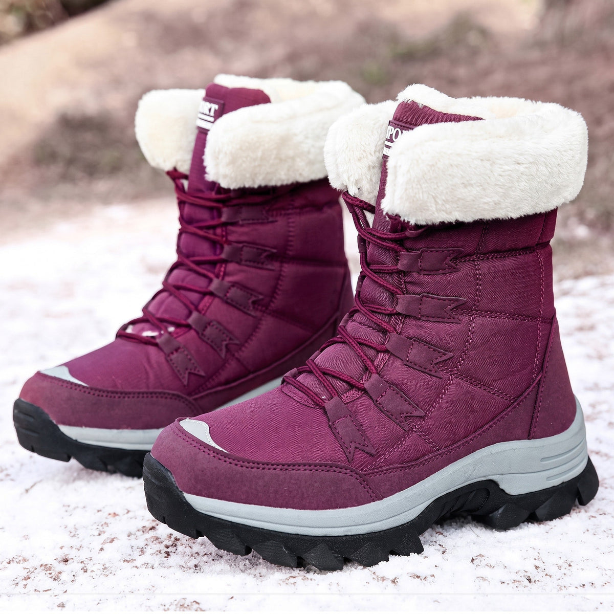Rowan - Women's Faux Fur Trim Lace-Up Snow Boots with Chunky Sole - Boots - Purple - Davies & Cooper