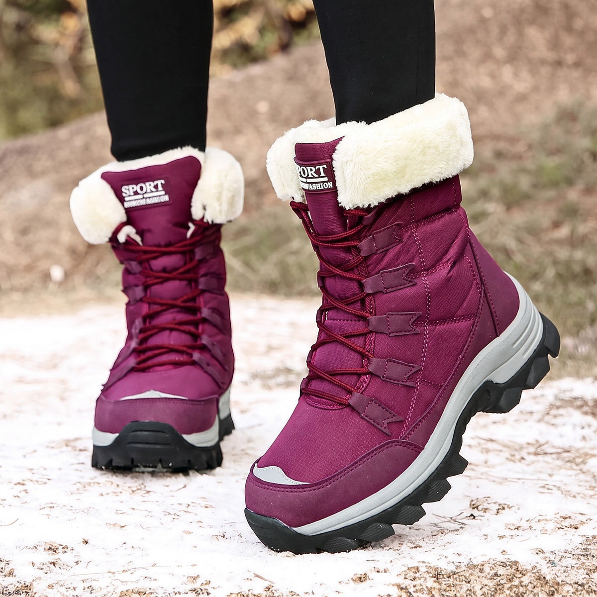 Rowan - Women's Faux Fur Trim Lace-Up Snow Boots with Chunky Sole - Boots - Purple - Davies & Cooper