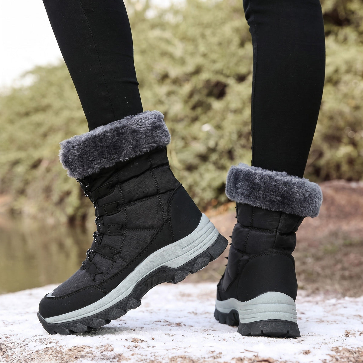Rowan - Women's Faux Fur Trim Lace-Up Snow Boots with Chunky Sole - Boots - Black - Davies & Cooper