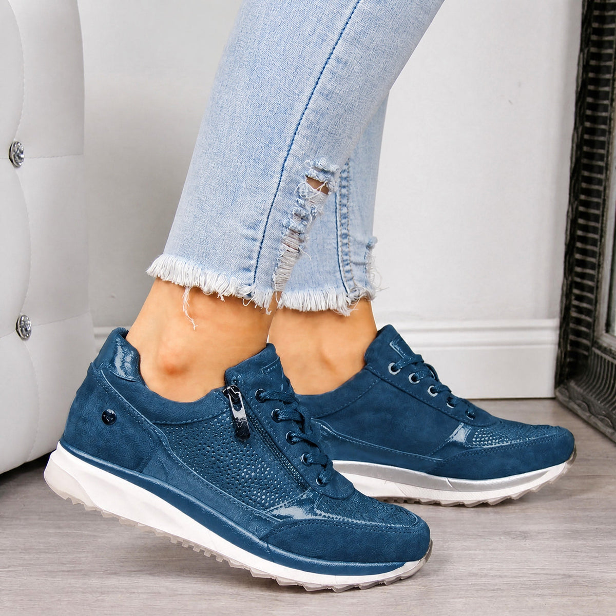 Rowan - Women's Orthopaedic Diamante Lace-Up Trainers with Side Zip - Sneakers - Blue - Davies & Cooper