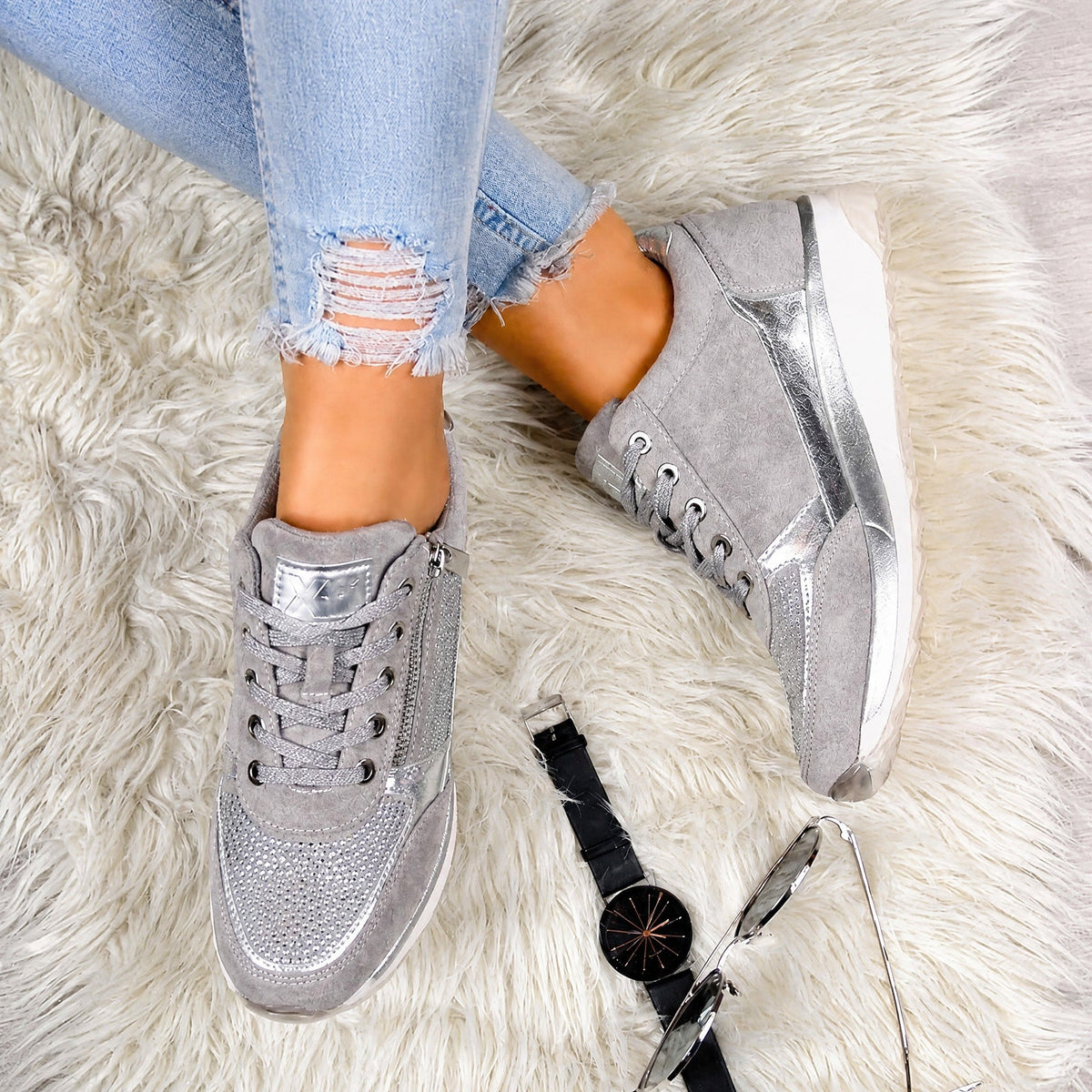 Rowan - Women's Orthopaedic Diamante Lace-Up Trainers with Side Zip - Sneakers - Silver - Davies & Cooper