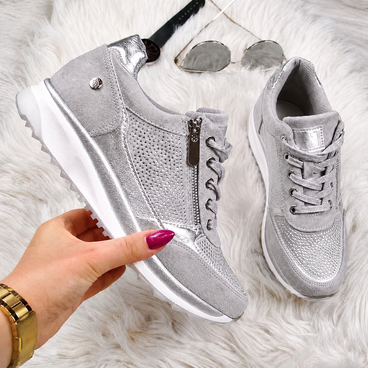 Rowan - Women's Orthopaedic Diamante Lace-Up Trainers with Side Zip - Sneakers - Silver - Davies & Cooper