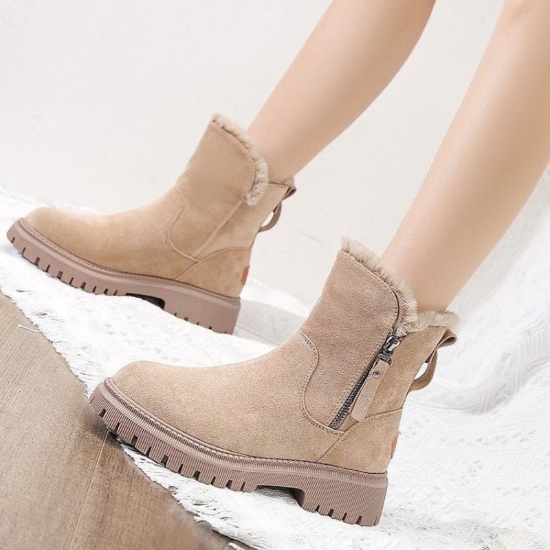 Rowan - Women's Orthopaedic Faux Fur Trim Ankle Boots with Zip Closure - Boots - Beige - Davies & Cooper