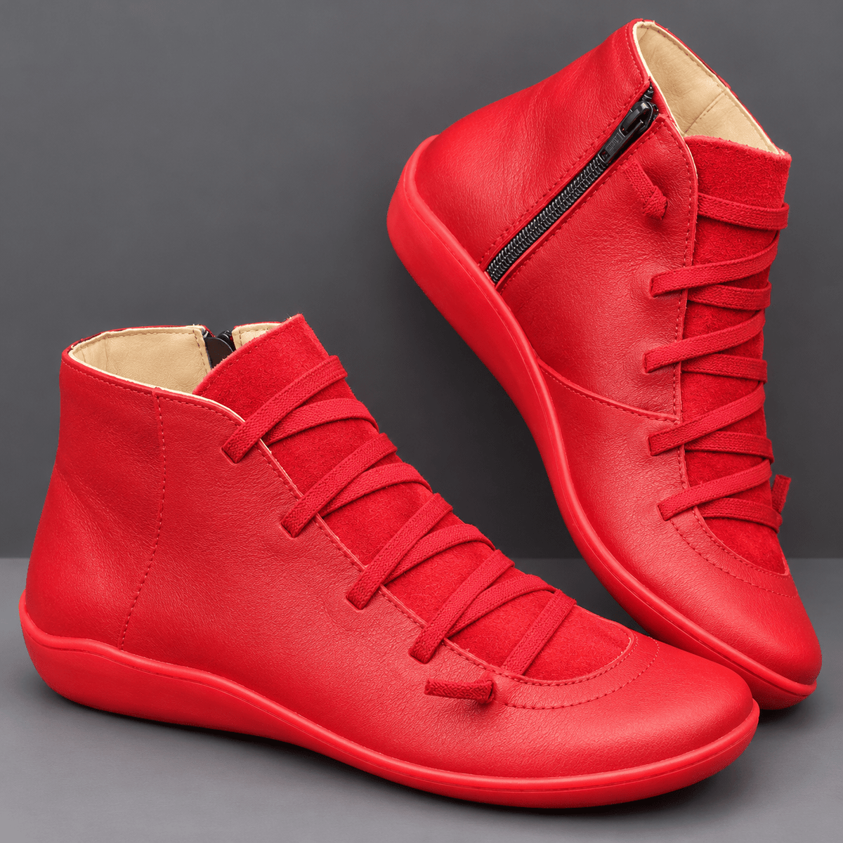 Rowan - Women's Orthopaedic Lace-Up Ankle Boots with Zip Closure - Boots - Red - Davies & Cooper