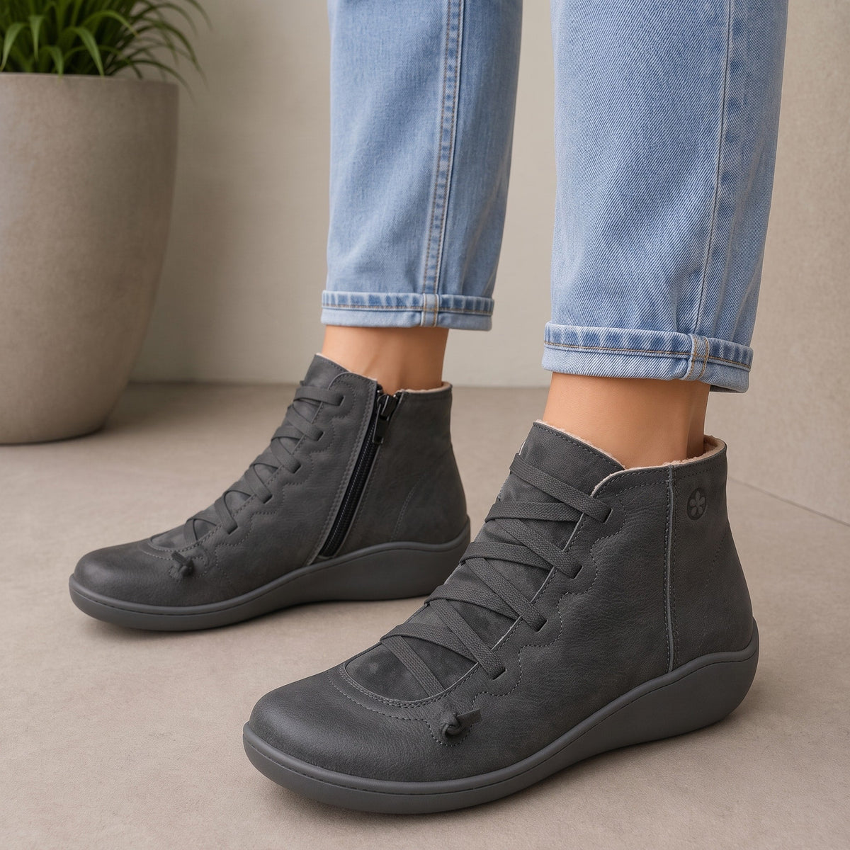 Rowan - Women's Orthopaedic Lace-Up Ankle Boots with Zip Closure - Boots - Black - Davies & Cooper