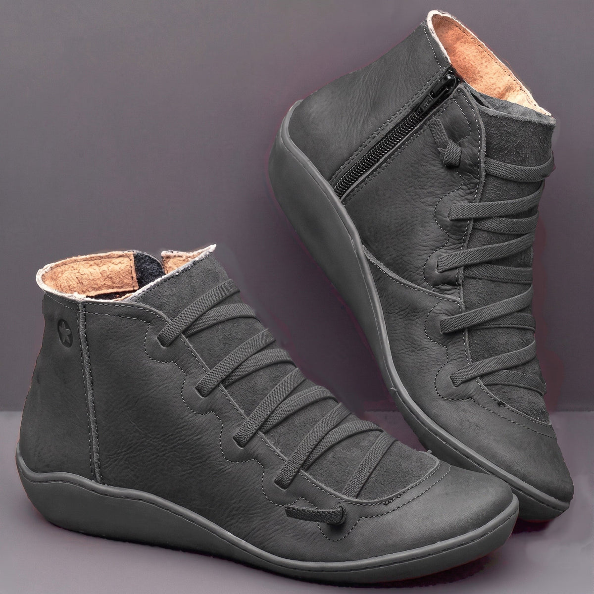 Rowan - Women's Orthopaedic Lace-Up Ankle Boots with Zip Closure - Boots - Black - Davies & Cooper