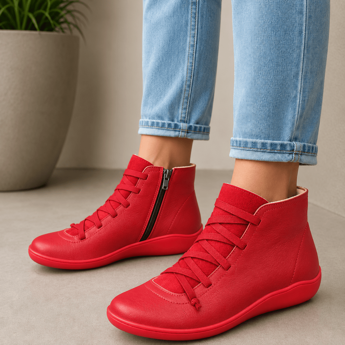 Rowan - Women's Orthopaedic Lace-Up Ankle Boots with Zip Closure - Boots - Red - Davies & Cooper