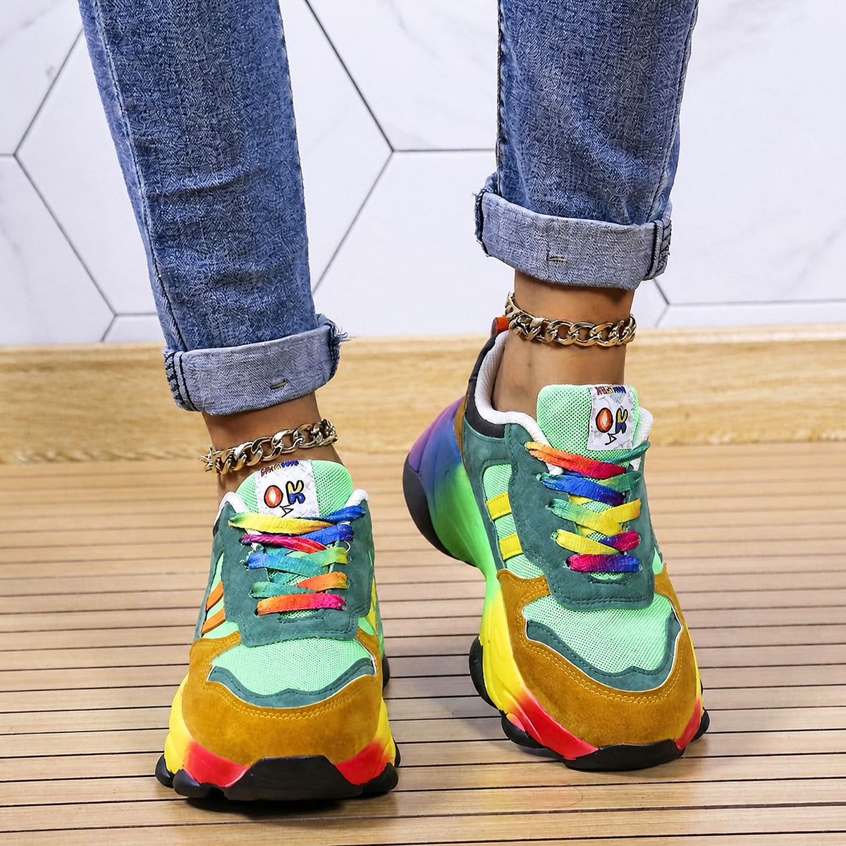 Rowan - Women's Orthopaedic Rainbow Chunky Trainers - Sneakers - Green - Davies & Cooper