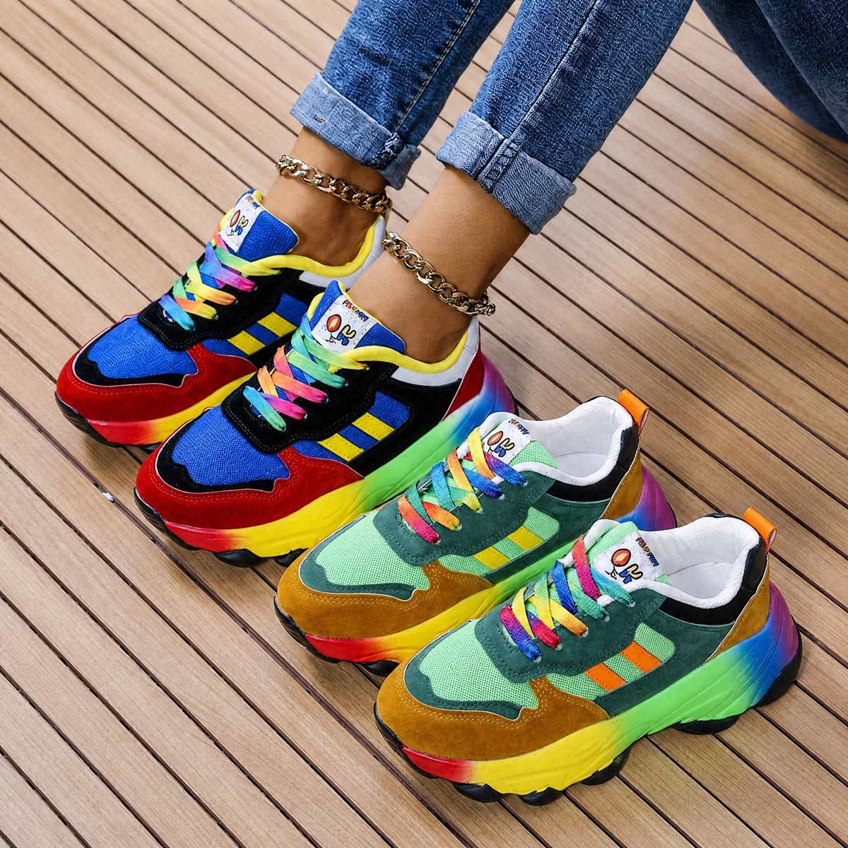 Rowan - Women's Orthopaedic Rainbow Chunky Trainers - Sneakers - Green - Davies & Cooper