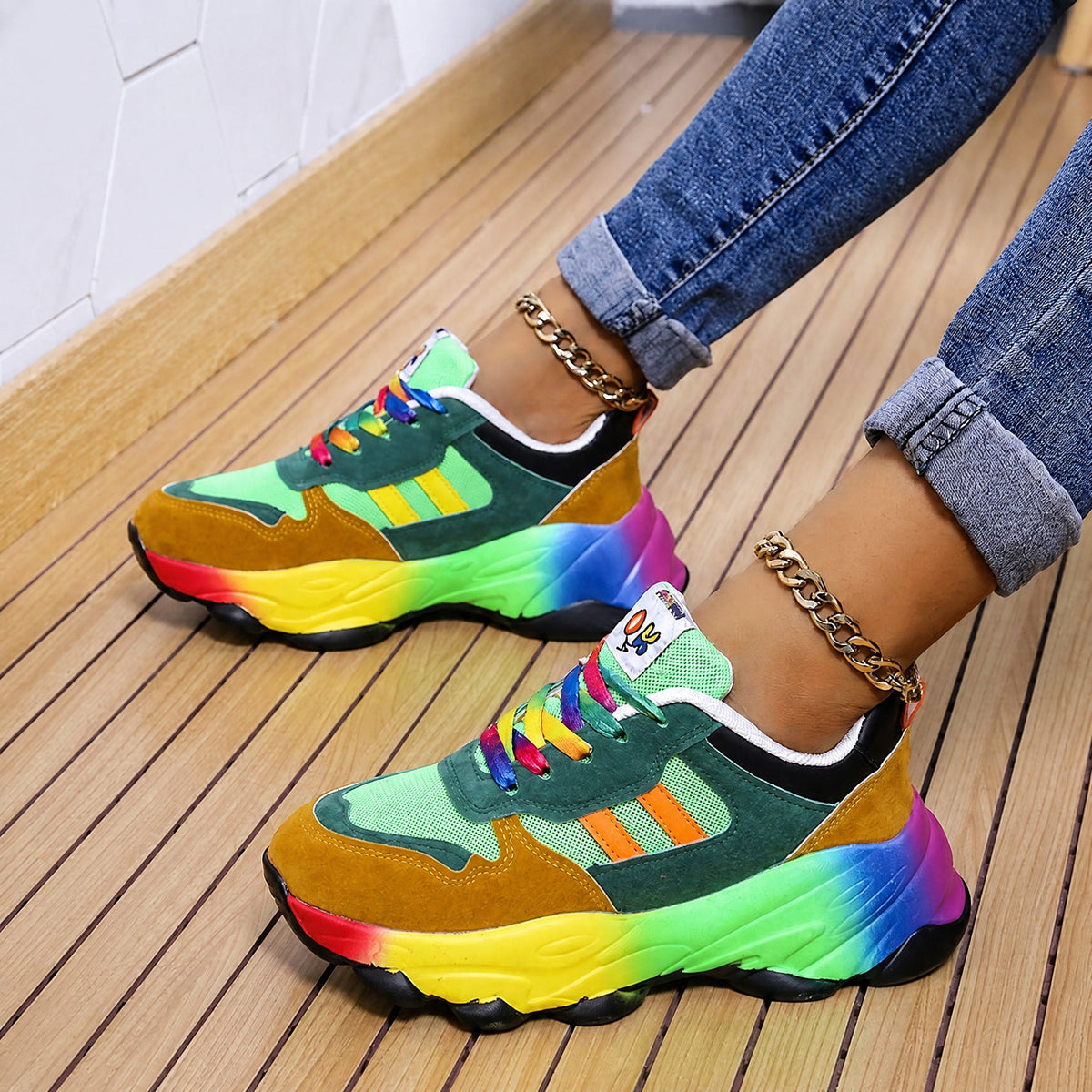 Rowan - Women's Orthopaedic Rainbow Chunky Trainers - Sneakers - Green - Davies & Cooper