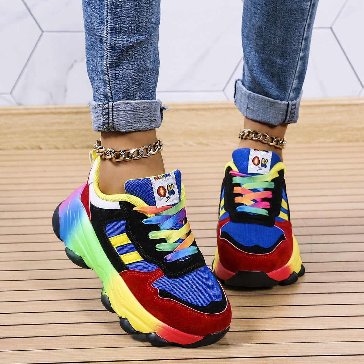 Rowan - Women's Orthopaedic Rainbow Chunky Trainers - Sneakers - Black - Davies & Cooper