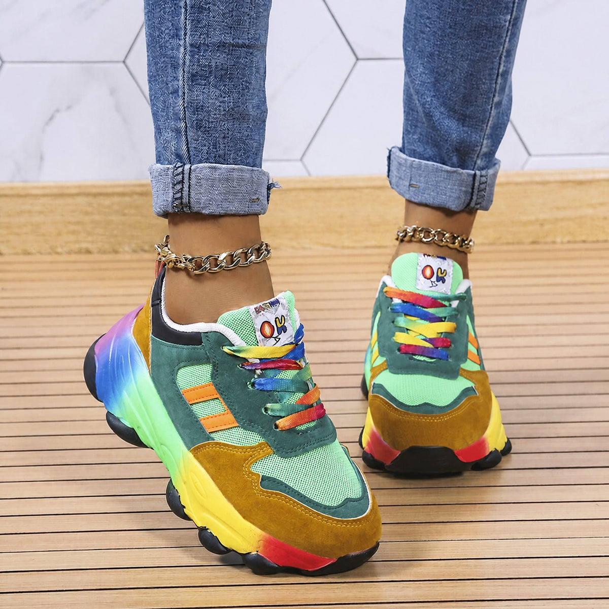 Rowan - Women's Orthopaedic Rainbow Chunky Trainers - Sneakers - Green - Davies & Cooper