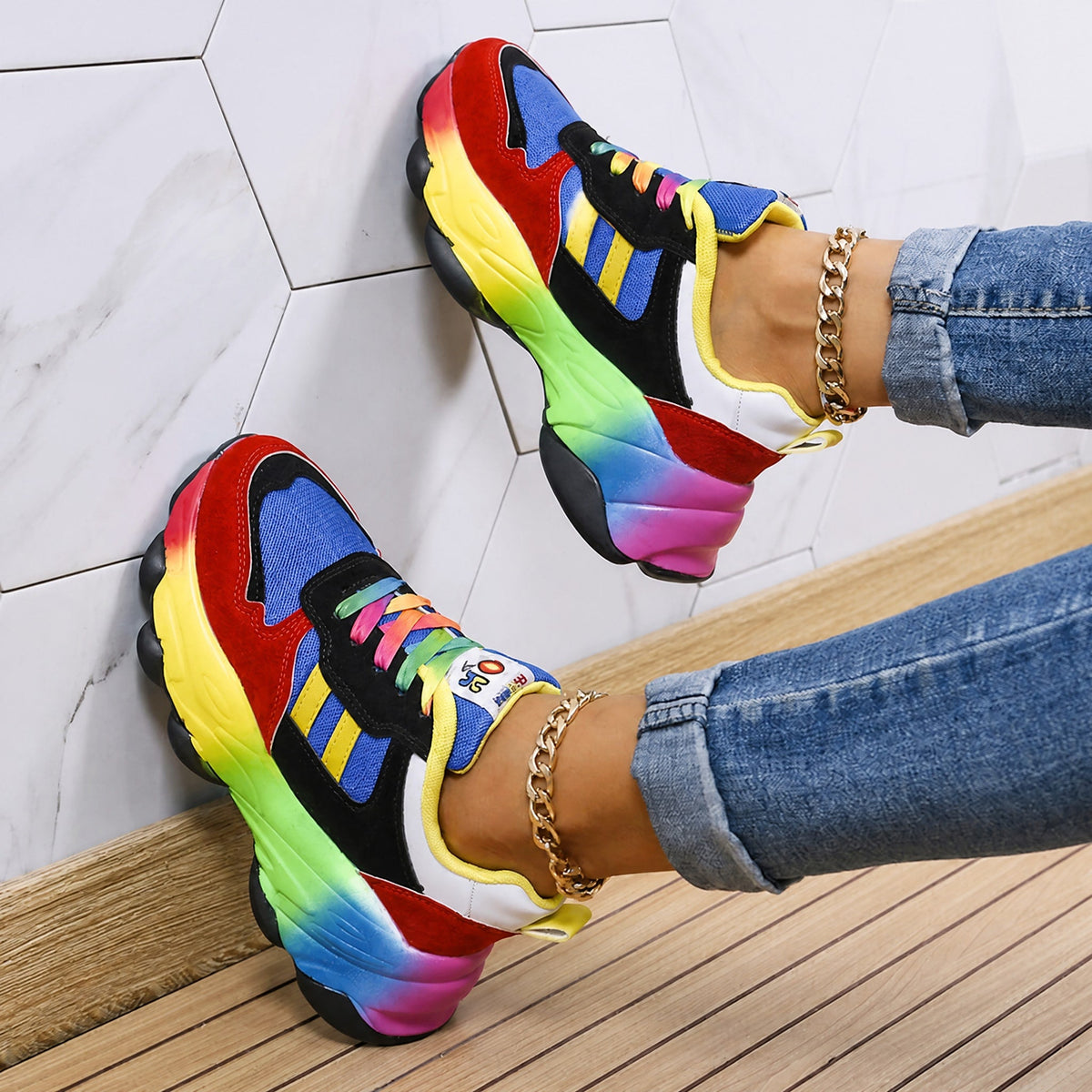 Rowan - Women's Orthopaedic Rainbow Chunky Trainers - Sneakers - Black - Davies & Cooper