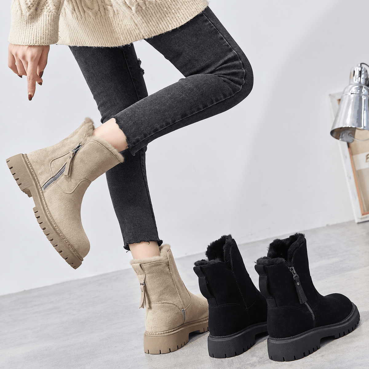 Rowan - Women's Orthopaedic Shearling-Trim Ankle Boots with Side Zip - Boots - Beige - Davies & Cooper