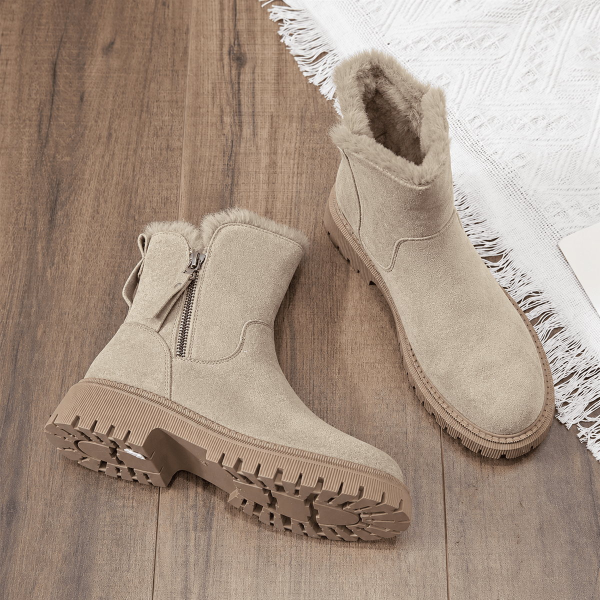 Rowan - Women's Orthopaedic Shearling-Trim Ankle Boots with Side Zip - Boots - Beige - Davies & Cooper