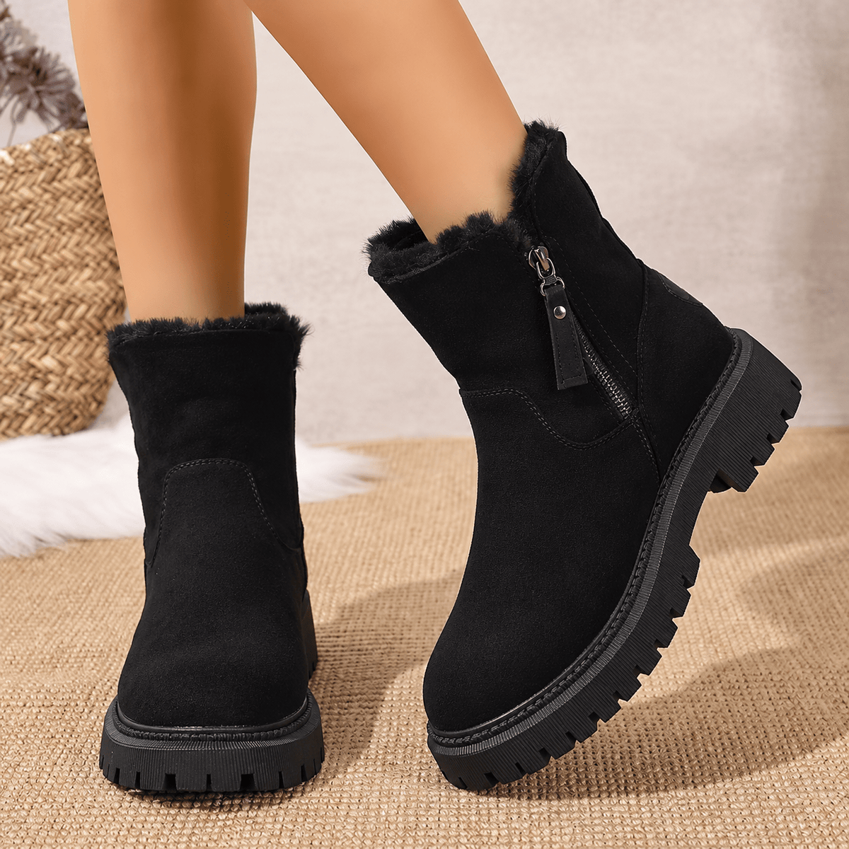Rowan - Women's Orthopaedic Shearling-Trim Ankle Boots with Side Zip - Boots - Black - Davies & Cooper