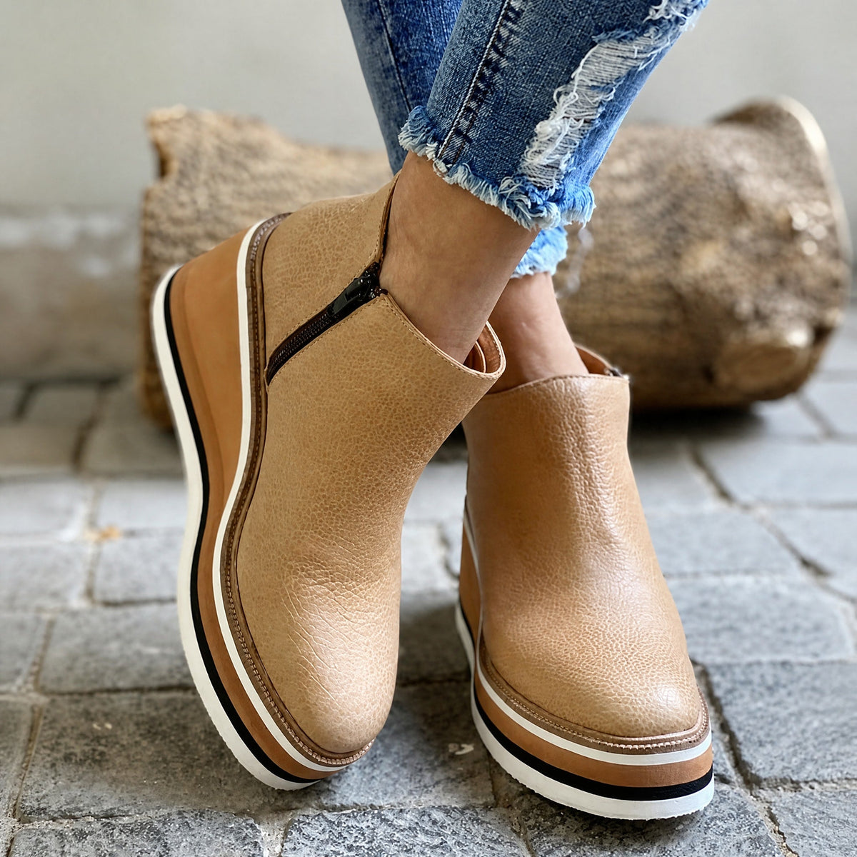 Rowan - Women's Wedge Ankle Boots with Platform Sole and Side Zip - Boots - Beige - Davies & Cooper