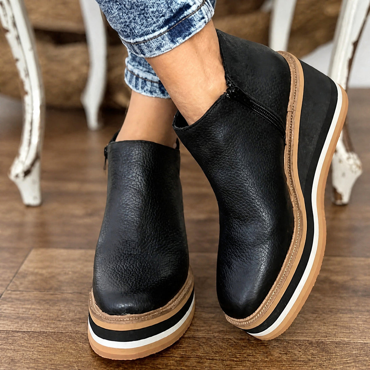Rowan - Women's Wedge Ankle Boots with Platform Sole and Side Zip - Boots - Black - Davies & Cooper